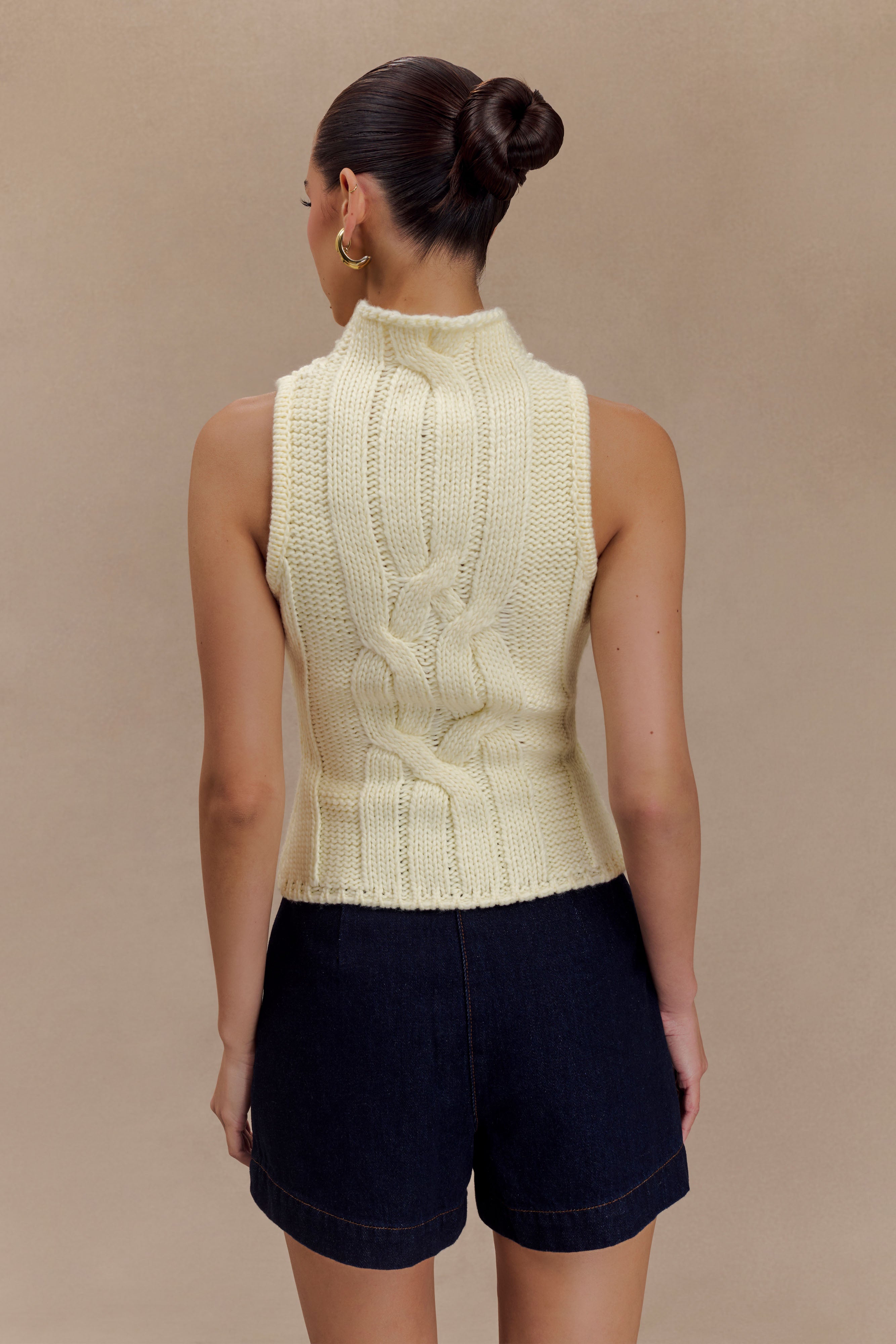 Roberta High Neck Cable Knit Top - Ivory、mySite、solidvoid