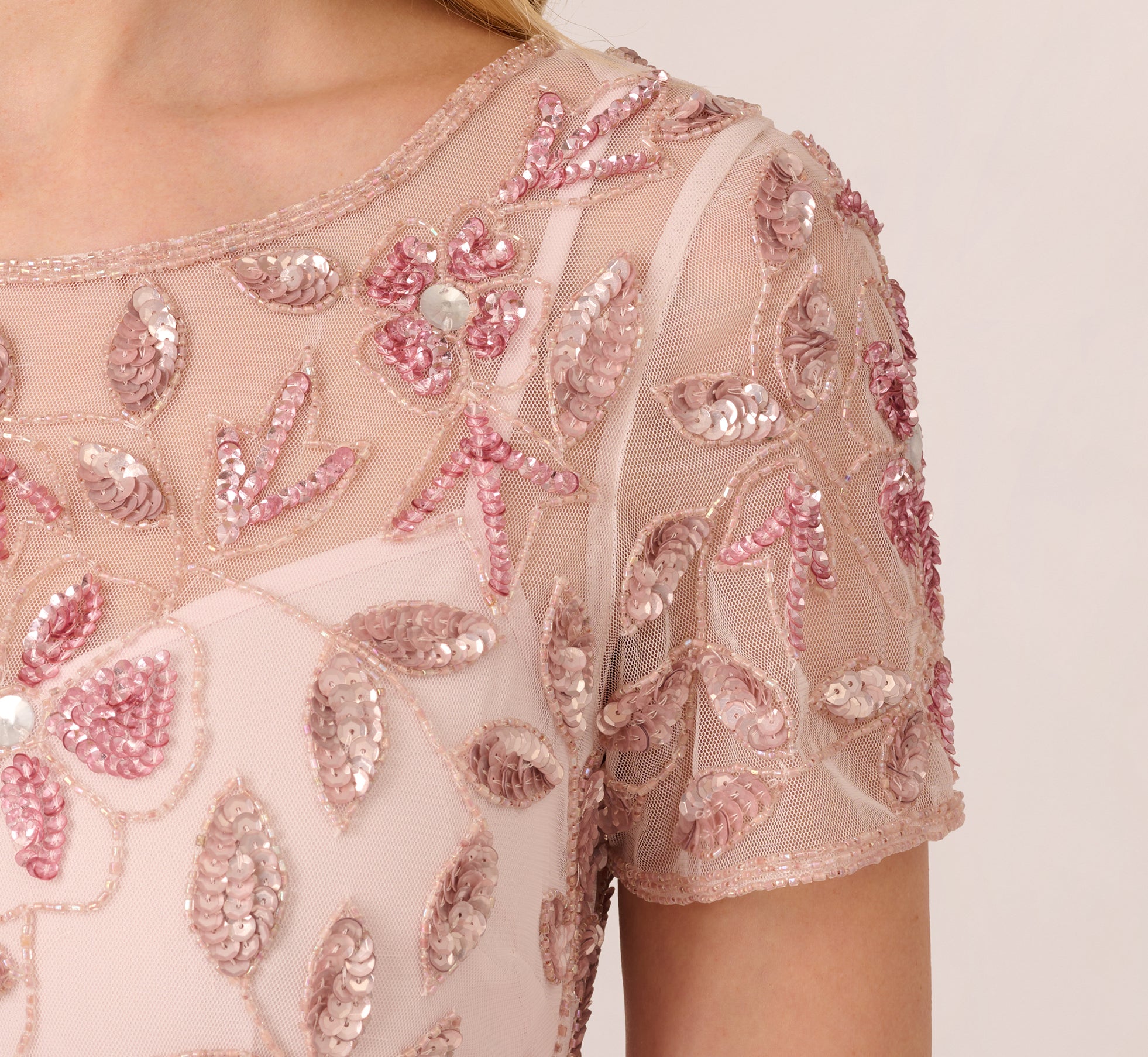 Hand Beaded Short Sleeve Floral Godet Gown In Blush Pink、mySite、solidvoid