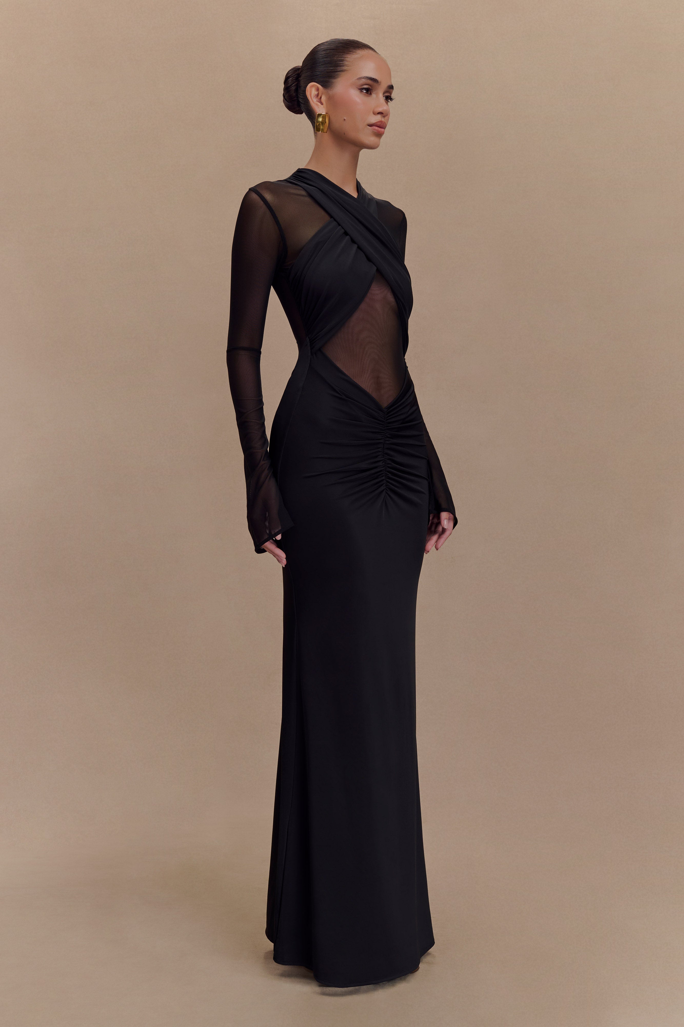 Tania Slinky And Mesh Long Sleeve Maxi Dress - Black、mySite、solidvoid