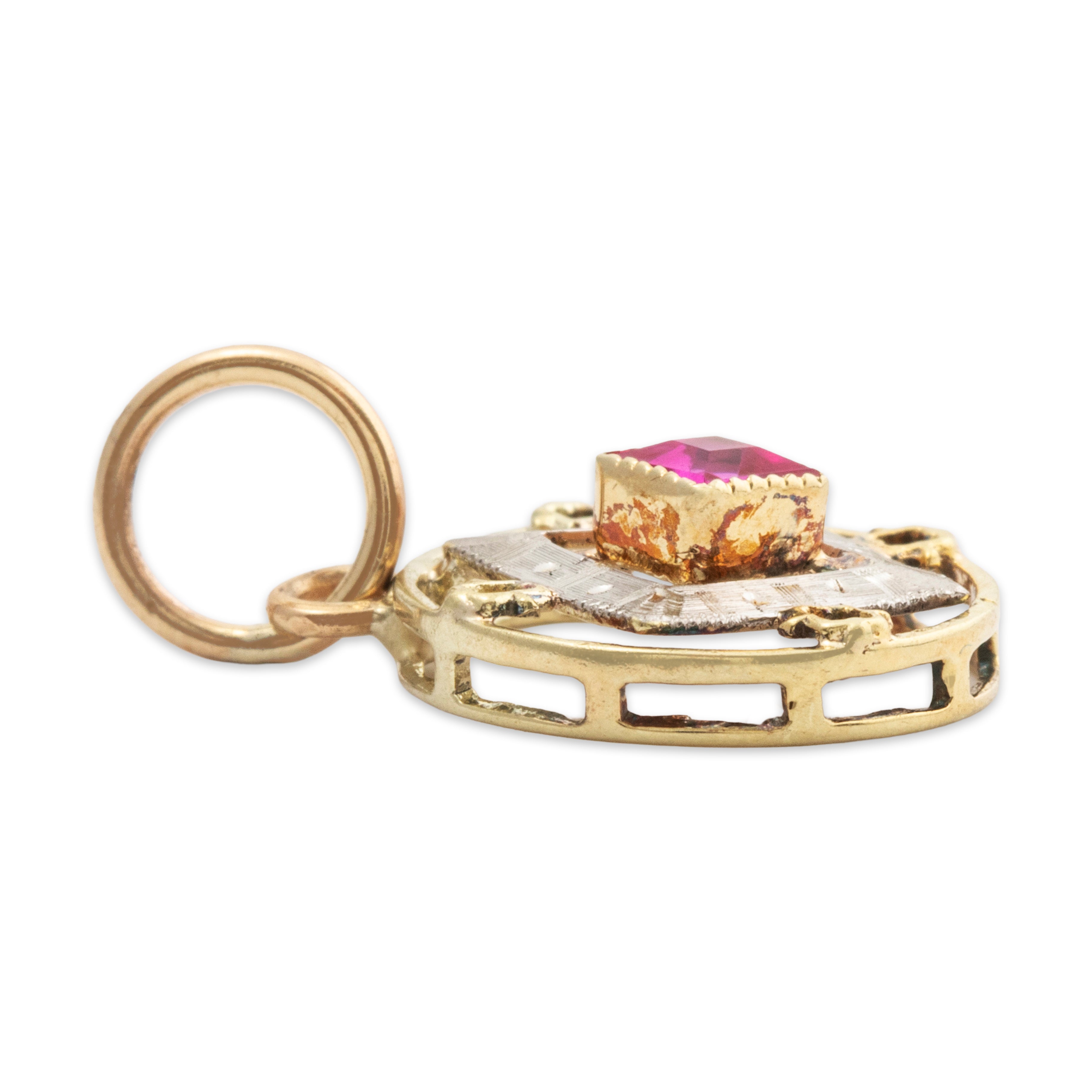 Antique 14k Yellow Gold Synthetic Ruby Art Deco Charm Pendant、mySite、hinf8tx79
