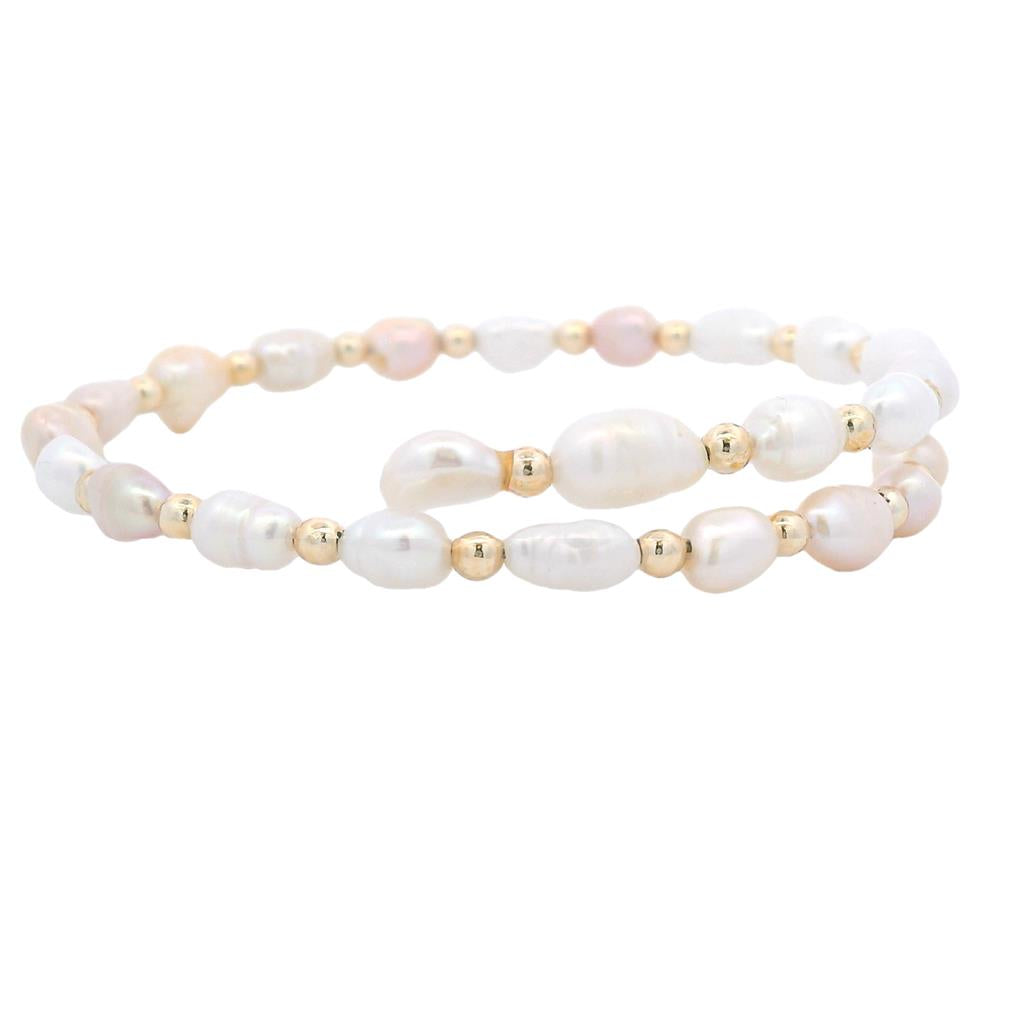  Estate Yellow Gold Plated Rice Pearl Wrap Cuff Bracelet