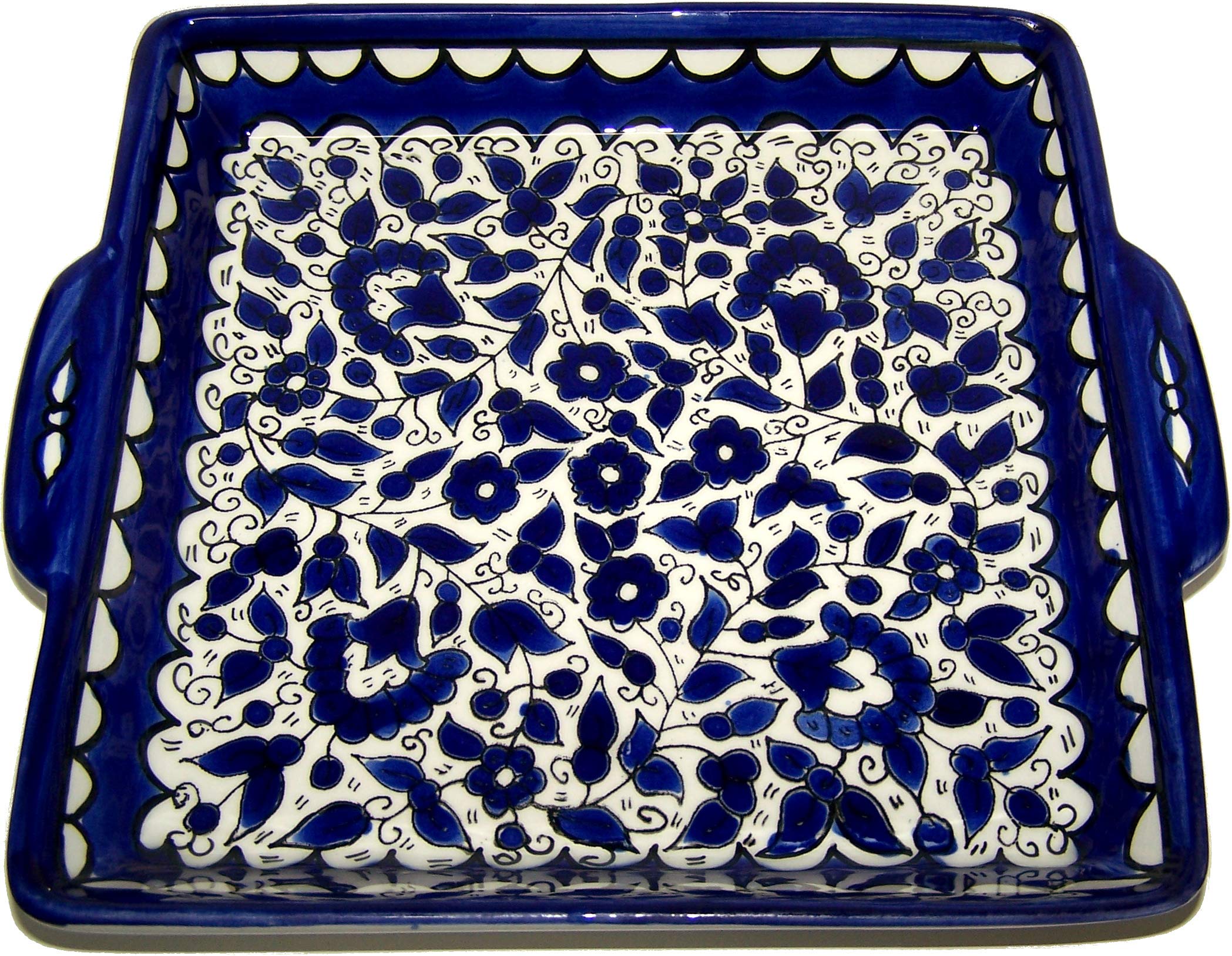  Holy Land Market Armenian Ceramic Blue Jerusalem Flowers square bread Plate - 9.5 Inches - Asfour Outlet Trademark、mySite、elrpsem3k