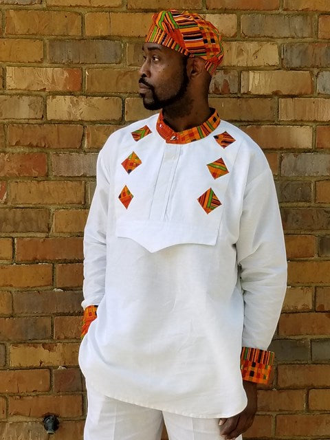 White Etibo Shirt with Kente Trim-DP3956、mySite、solidvoid