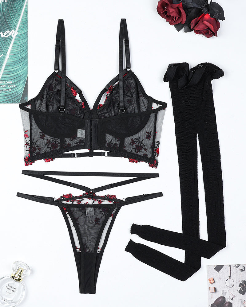 Embroidered Floral Hollow Stockings Bra Set、mySite、bengalsvssteelers