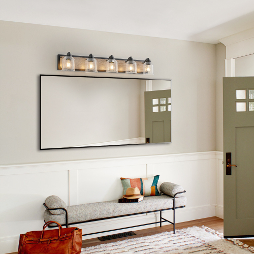 40&quot; Farmhouse Vanity Light Fixture, 5-Light Bathroom Wall Sconce with Clear Seeded Glass Shades, Black and Wood Grain Finish, Modern Industrial Design for Bathroom or Powder Room (No Bulbs)、、eastwooduniform