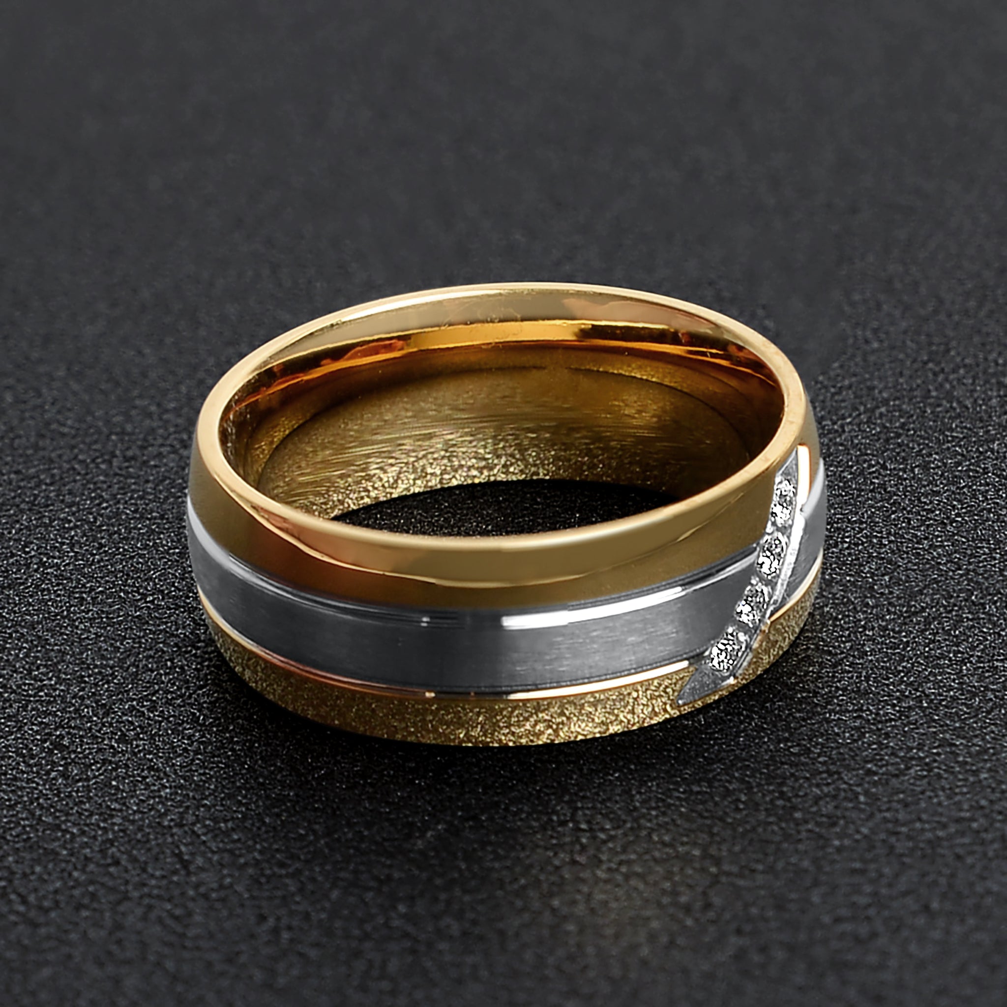 Gold Polished Groove Pattern Stainless Steel Ring With CZ Accents / ZRJ0030、mySite、dreamappss