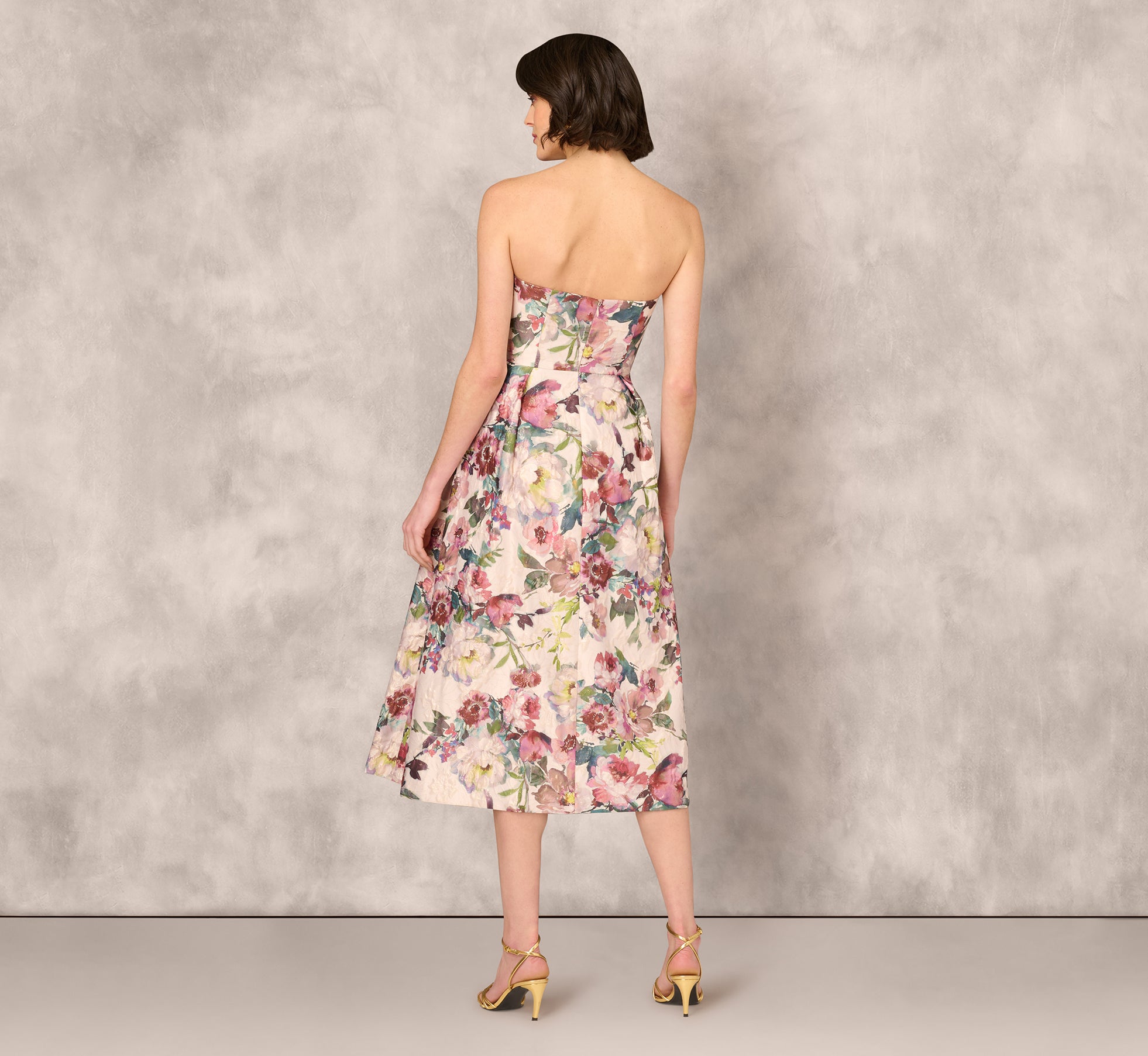 Strapless Floral Jacquard Midi Dress In Pink Multi、mySite、solidvoid
