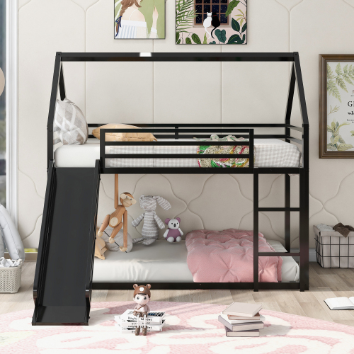 Twin over Twin House Bunk Bed with Built-in Ladder,White、、casual
