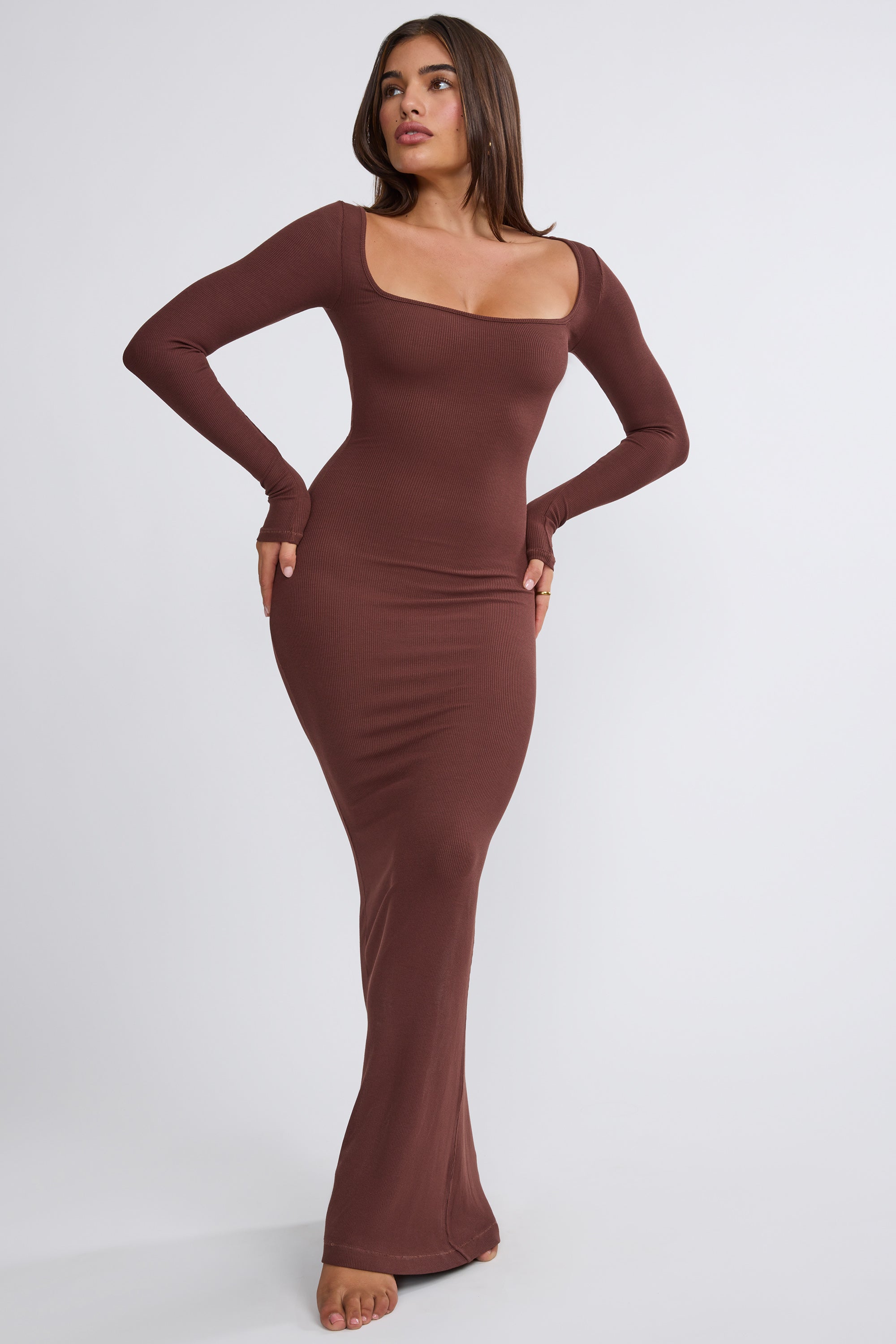 Ribbed Modal Long Sleeve Maxi Dress in Chocolate、mySite、solidvoid