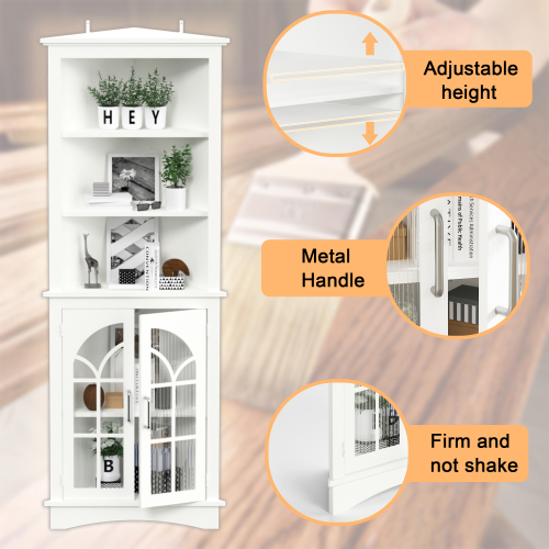 Corner Storage Cabinet, 63.3" Tall Freestanding Bookcase with Doors & Adjustable Shelves, 5-Tier Corner Display Cabinet for Living Room, Office, Dining Room, White、、casual