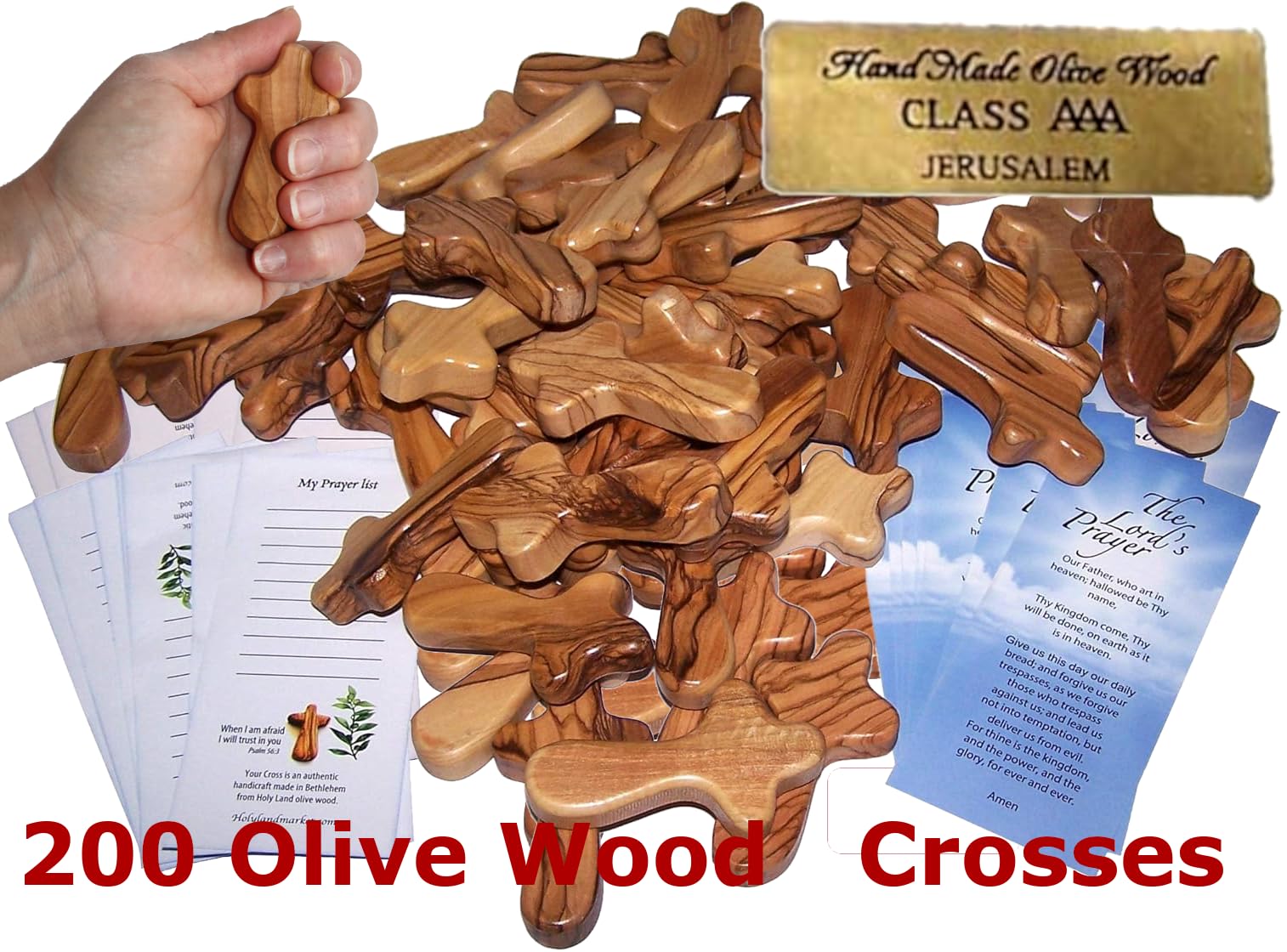 Holy Land Market 200 Small Olive Wood Hand Crosses - 2.5 Inch Pocket Palm Crucifix | Handmade Jerusalem Crosses - Christian Gifts with Certificates & Lord Prayer Card | Meditation & Prayer Crosses、mySite、topwebapps