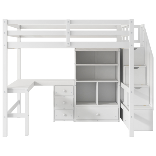 Twin Size Loft Bed with L-Shaped Desk and Drawers, Cabinet and Storage Staircase, White、、casual