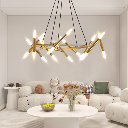 41" Black & Golden Modern Chandelier Light Fixture, Branch Design with Frosted Tubes, Black Cords, Adjustable Height Pendant Light for Dining Room, Living Room, or Kitchen Island (Bulb Not Included)、、eastwooduniform