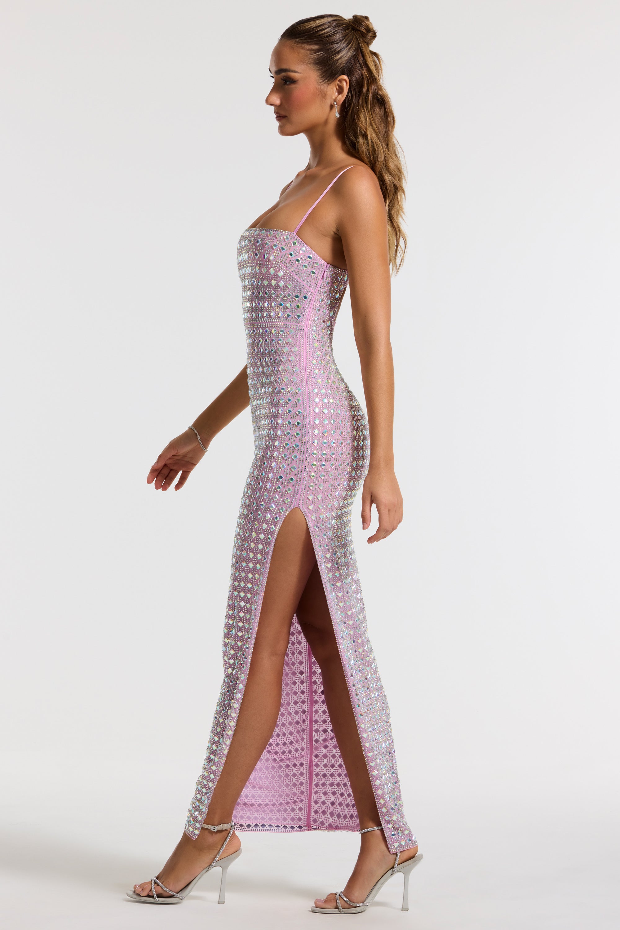 Embellished Square Neck Evening Gown in Lilac、mySite、solidvoid