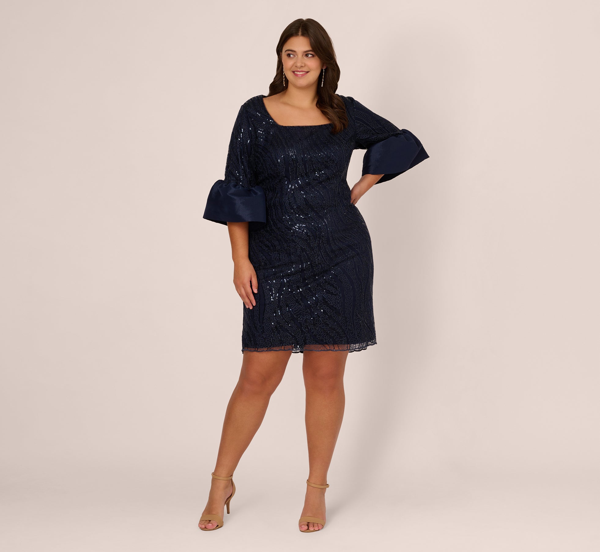 Plus Size Sequin Embroidered Dress With Taffeta Bell Sleeves In Midnight、mySite、solidvoid