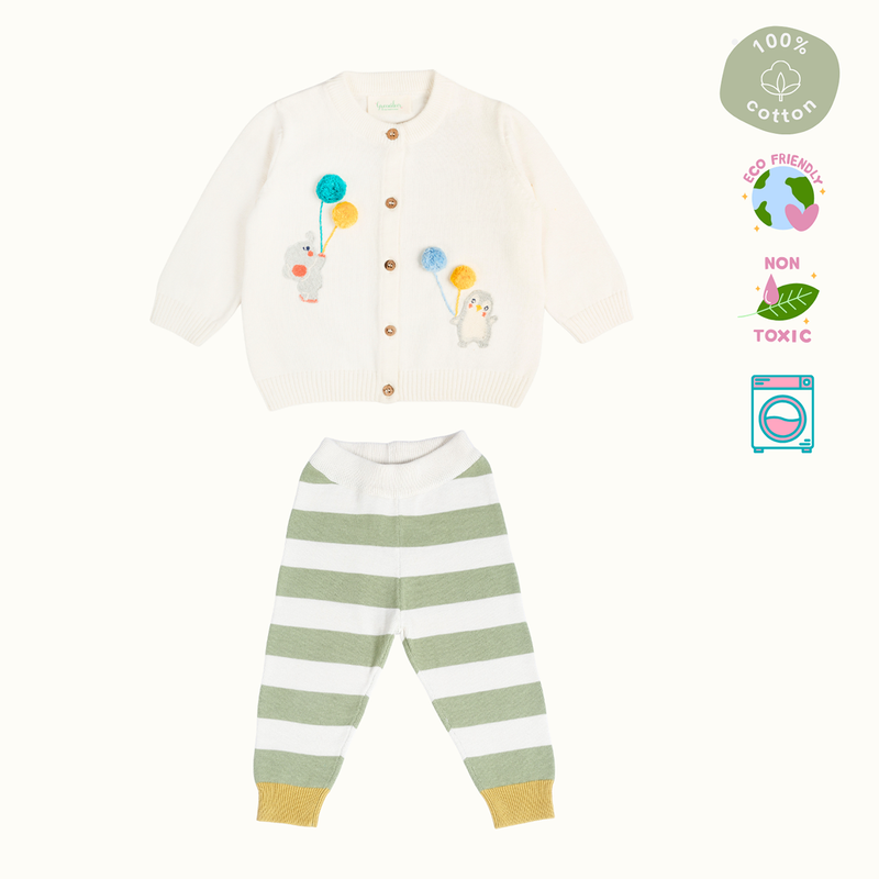 Cotton Sweater & Lower Set | Baby Balloon Printed | White & Green | Set of 2、mySite、camillekostekn