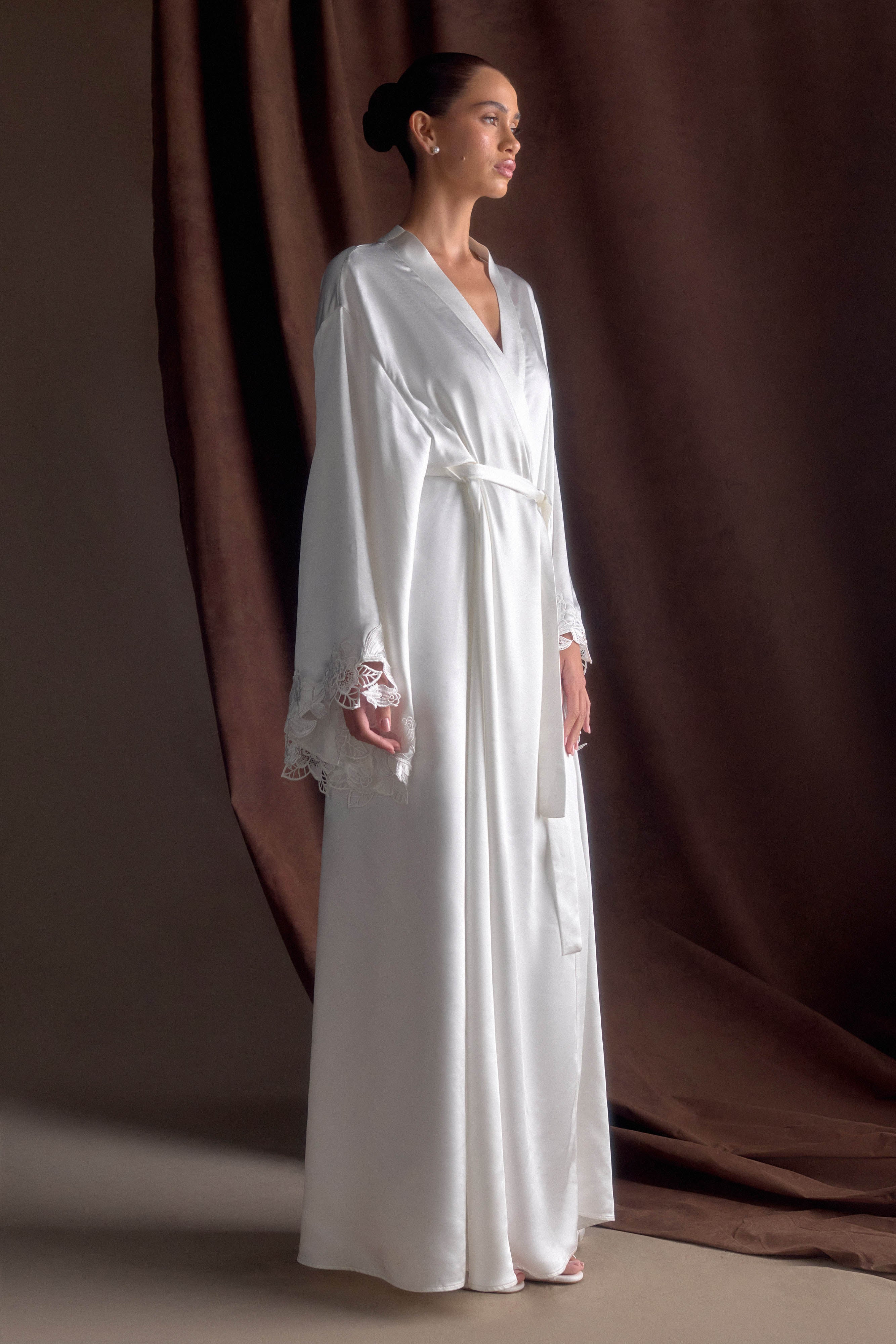 Sullivan Satin Bridal Robe With Lace - Ivory、mySite、solidvoid
