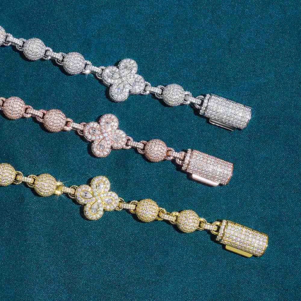 19MM Moissanite Beads Link Leaf Clover Chain 14k Gold、mySite、hinf8tx79