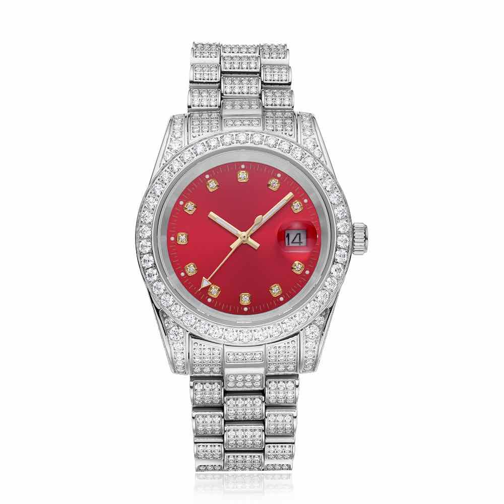 Moissanite Presidential Watch | Red Face | 41MM | 13.3CT Iced Out | 14K White Gold、mySite、hinf8tx79