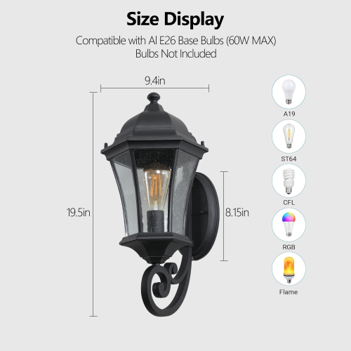 27"(H) 1-Pack Outdoor Wall Lantern with Dusk to Dawn Sensor, Black Weatherrproof Exterior Light Fixture with Clear Bubble Glass, Vintage Wall Sconce for Porch, Patio, Entryway, and Garage (No Bulb)、、eastwooduniform