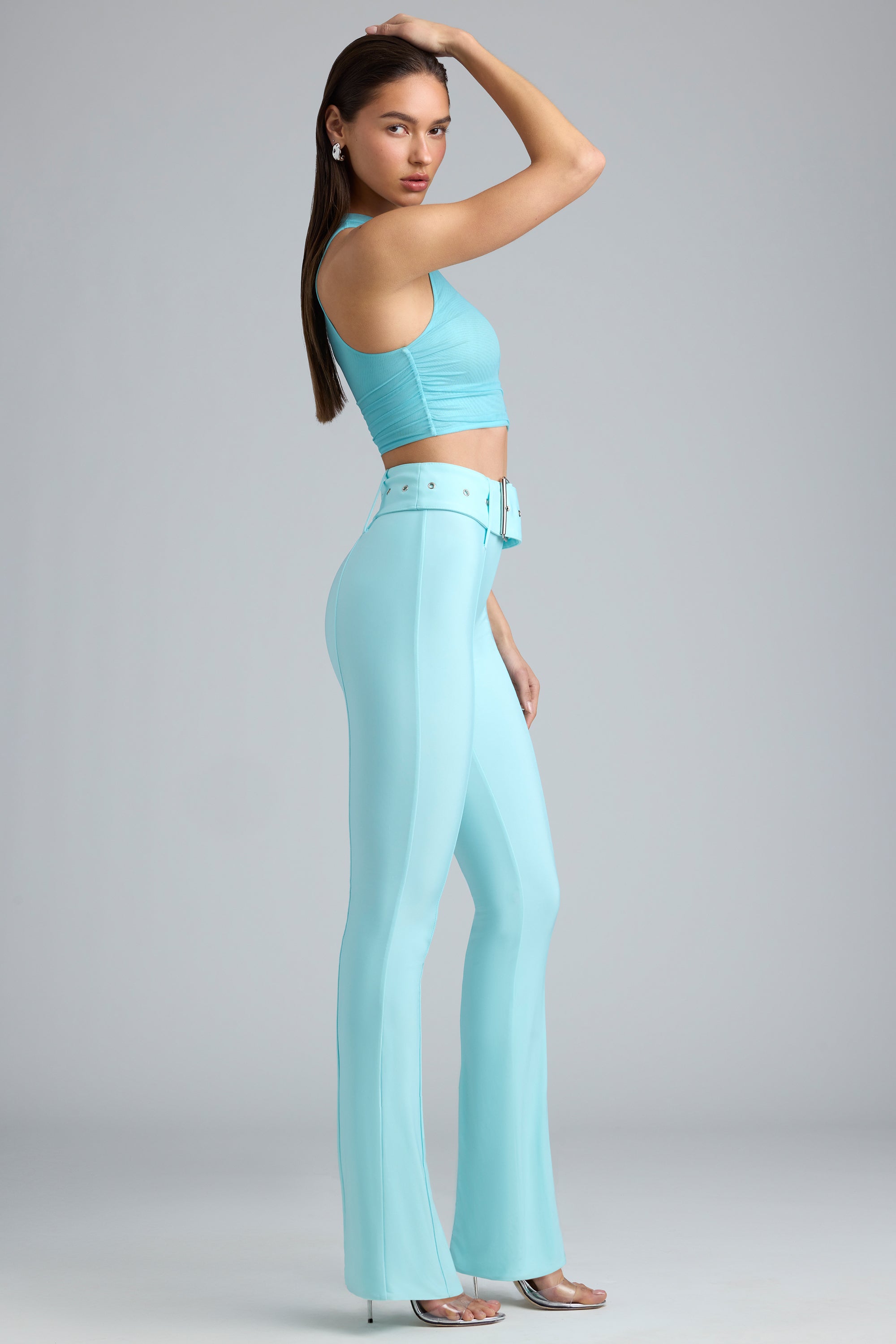 Metallic Belted Mid-Rise Flared Trousers in Ice Blue、mySite、solidvoid