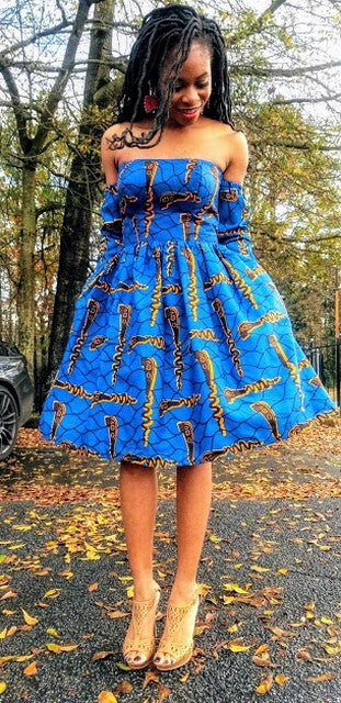 Blue and Orange African Print Ankara Dress-DP3978D、mySite、solidvoid