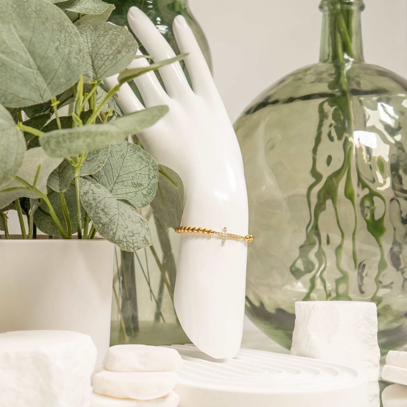 18K Gold PVD Stainless Steel Stone Cross Metal Beaded Stretch Bracelet / BRJ1019、mySite、dreamappss