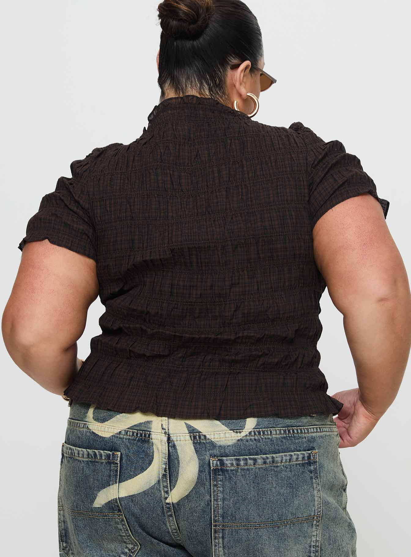 Romelle Shirred Top Black / Brown Plaid、mySite、solidvoid