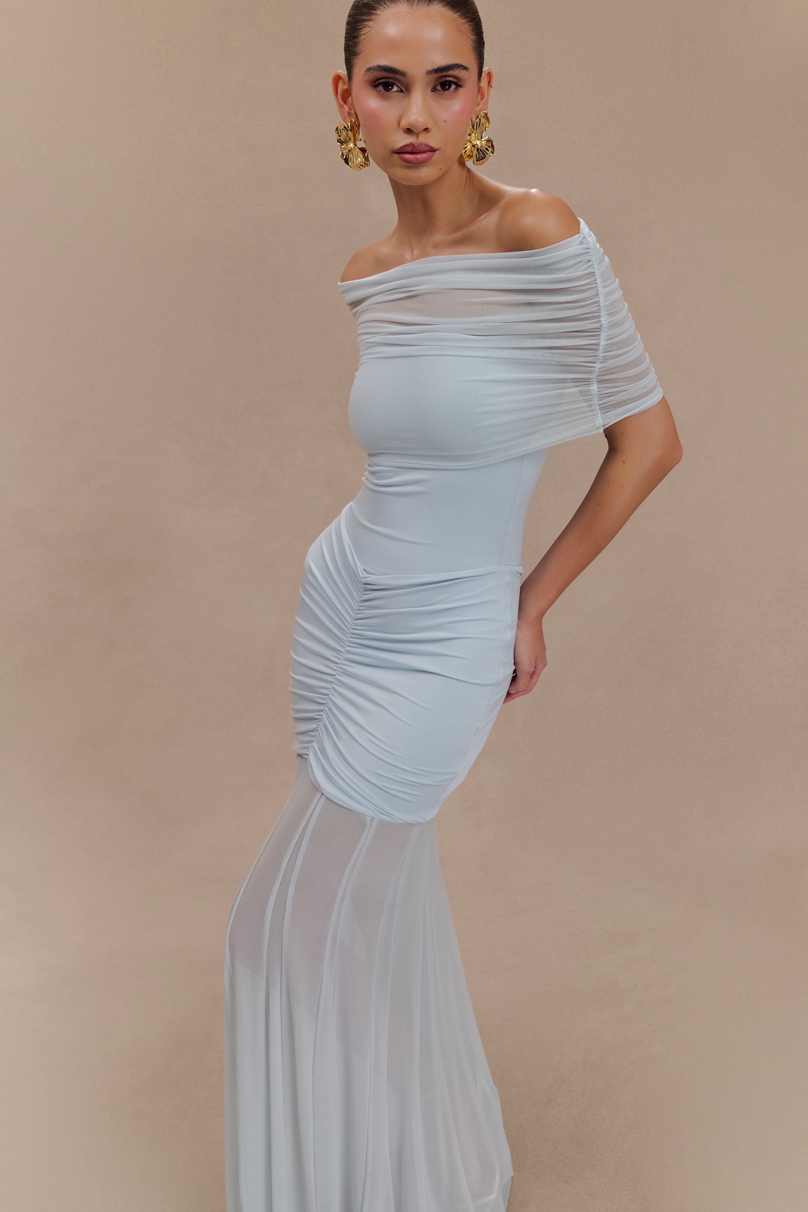 Caspian Slinky And Mesh Off Shoulder Maxi Dress - Pale Blue、mySite、solidvoid