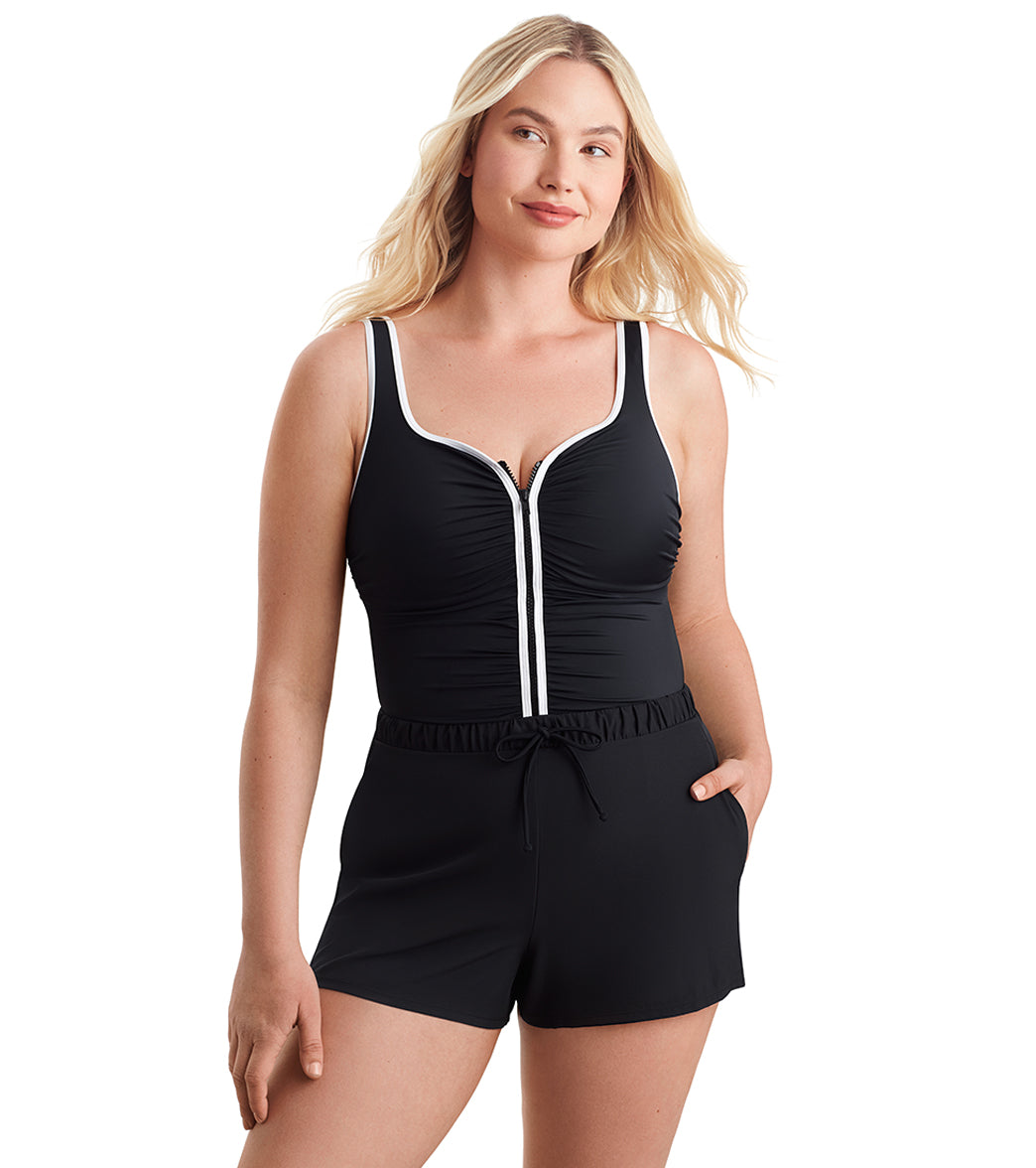 Shape Solver SPORT Women's Fashion Solids Shirred Zipper Runaround One Piece Swimsuit、mySite、noshort
