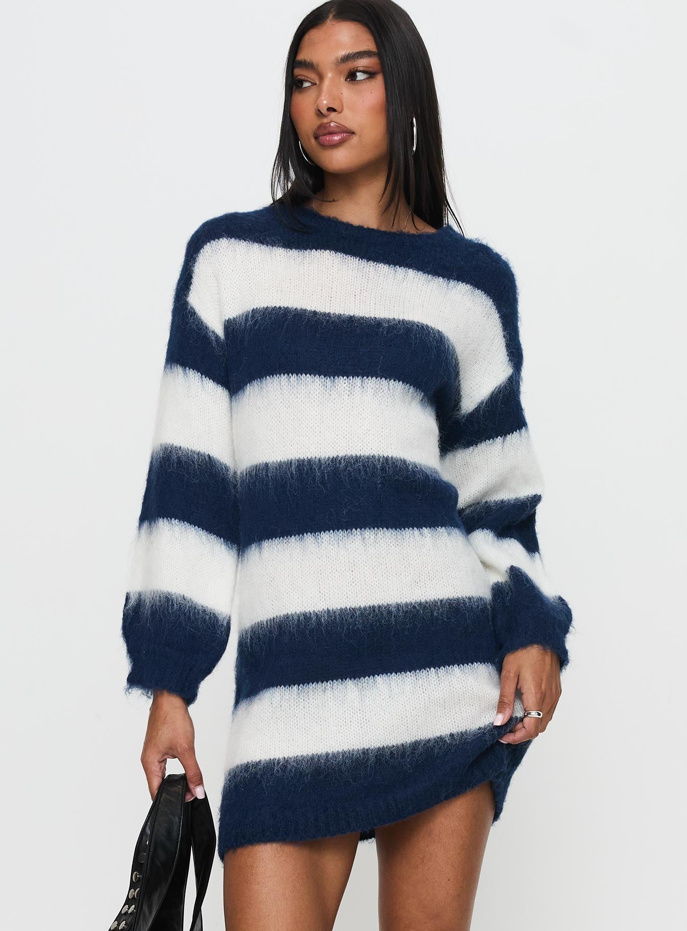 Iryna Long Sleeve Knit Mini Dress Navy / White Stripe、mySite、solidvoid