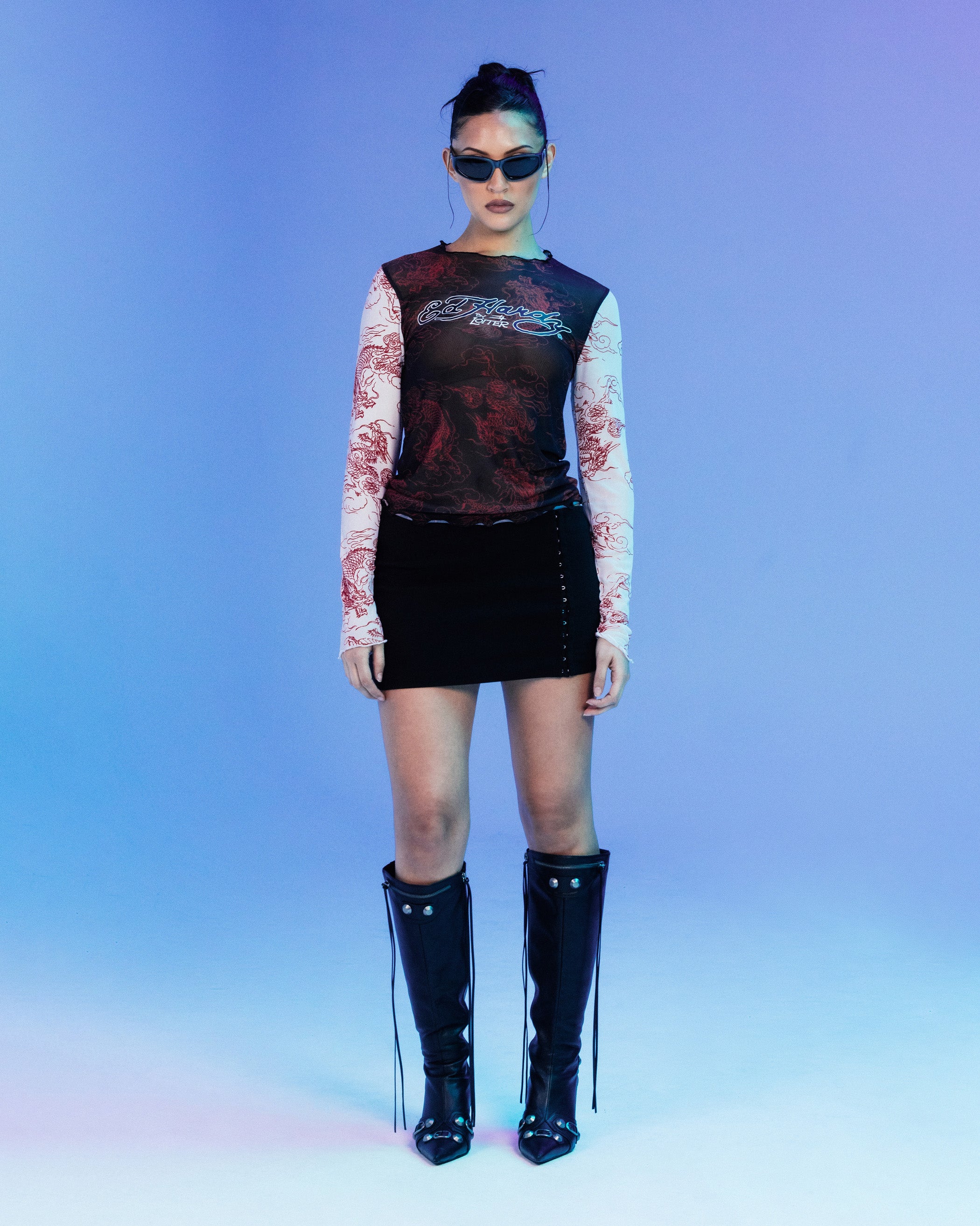 Ed Hardy By Loiter Women's Mesh Long Sleeve Top Black/White、mySite、zt4zffjzw