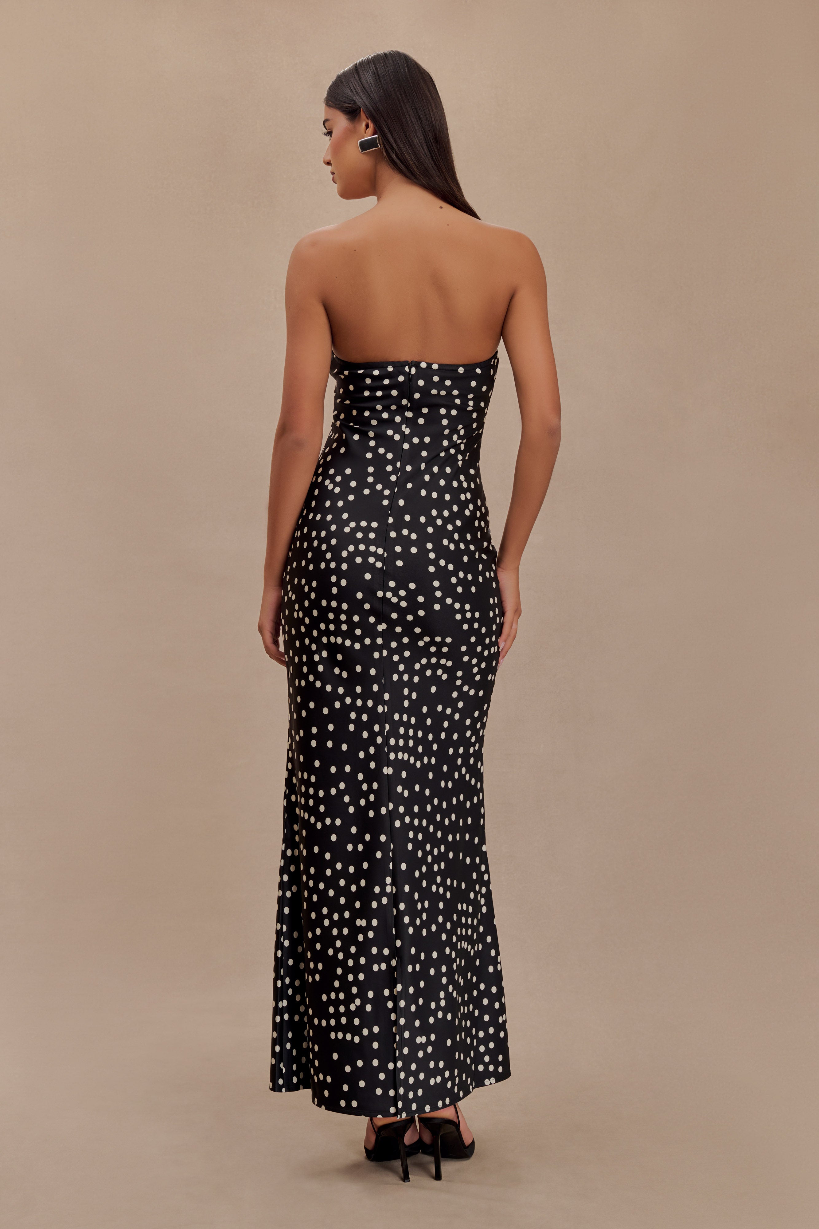 Claudette Strapless Satin Maxi Dress - Black Polka Dot Print、mySite、solidvoid