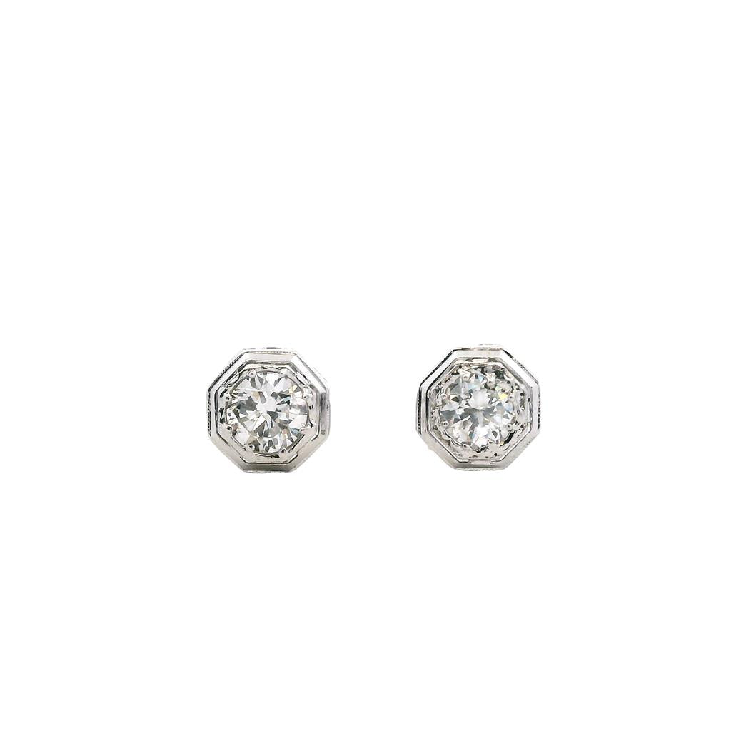  Estate 14K White Gold 1ctw Diamond Art Deco Stud Earrings