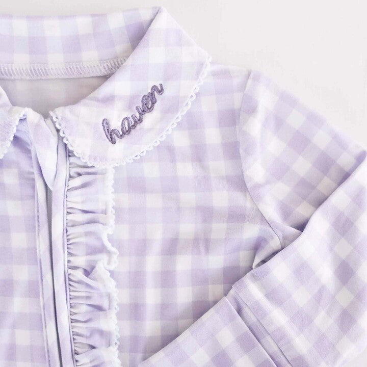  Peter Pan Collar Ruffle Zipper Footie | Lilac Gingham、mySite、layawaytickets