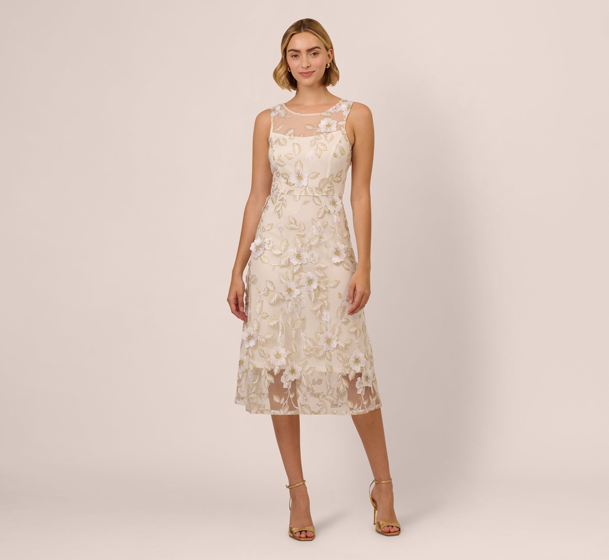 Floral Embroidery Illusion Midi Dress In Ivory Gold、mySite、solidvoid