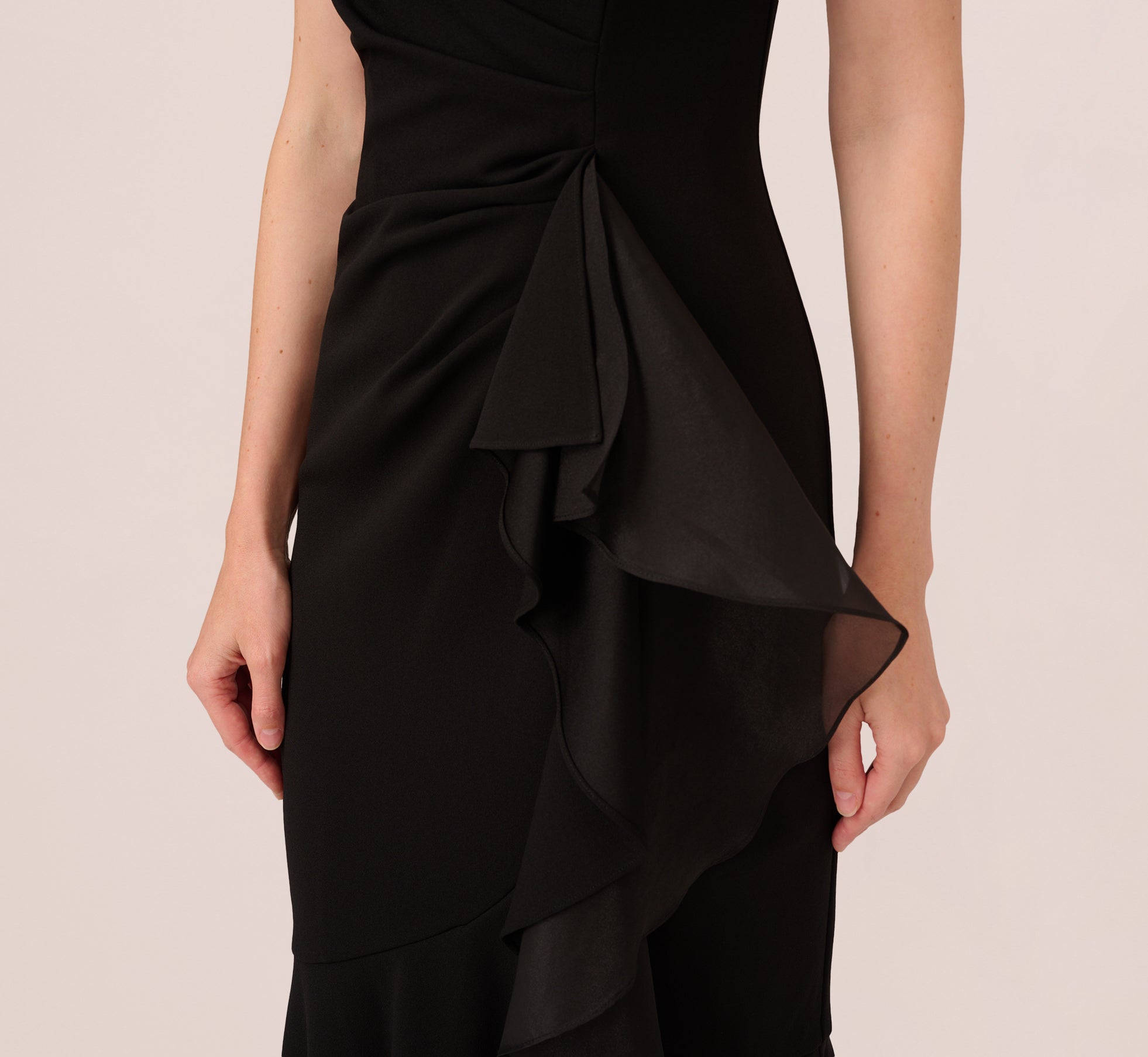 High Low Crepe Halter Gown With Organza Draping In Black、mySite、solidvoid