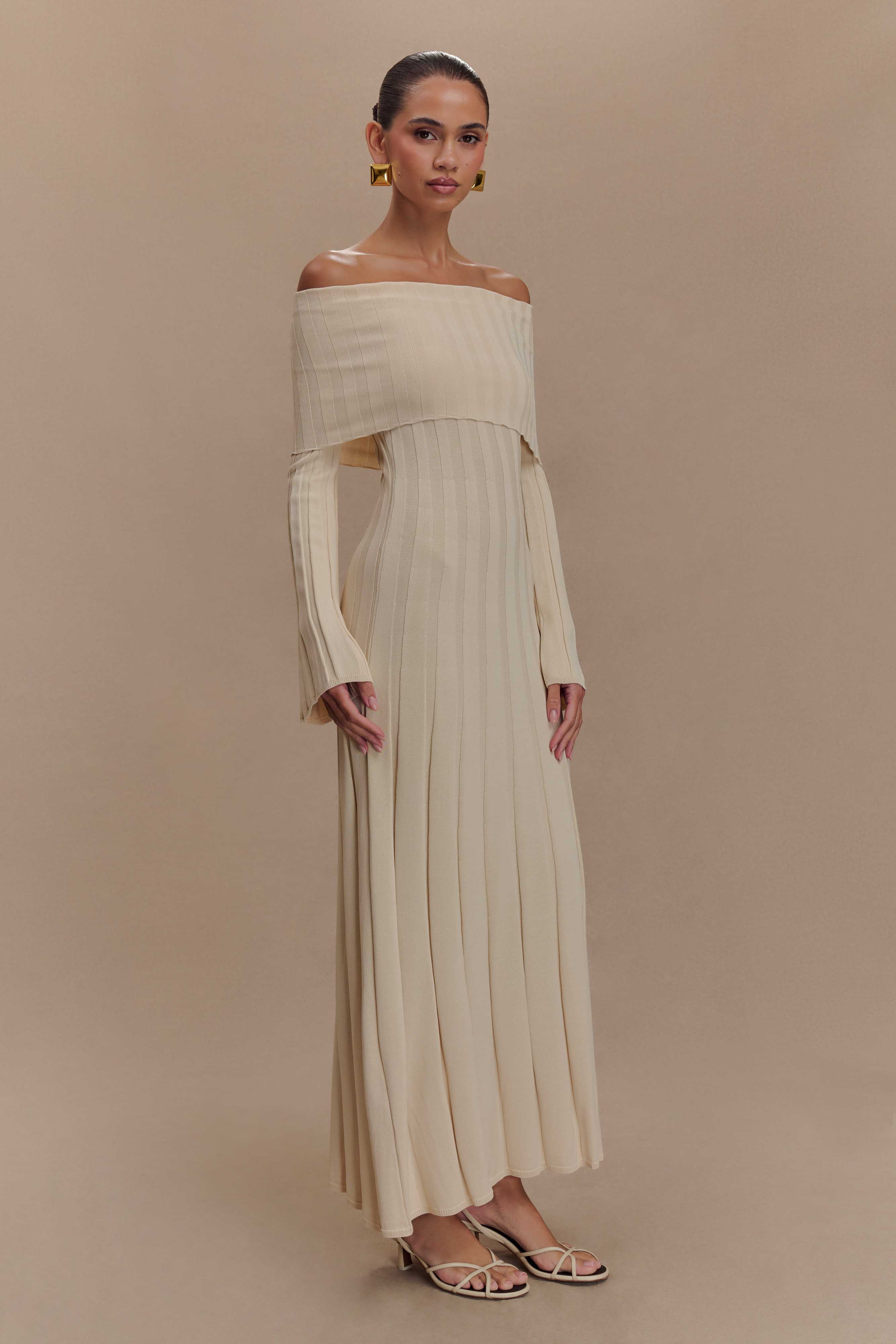 Alonza Long Sleeve Knit Midi Dress - Cream、mySite、solidvoid