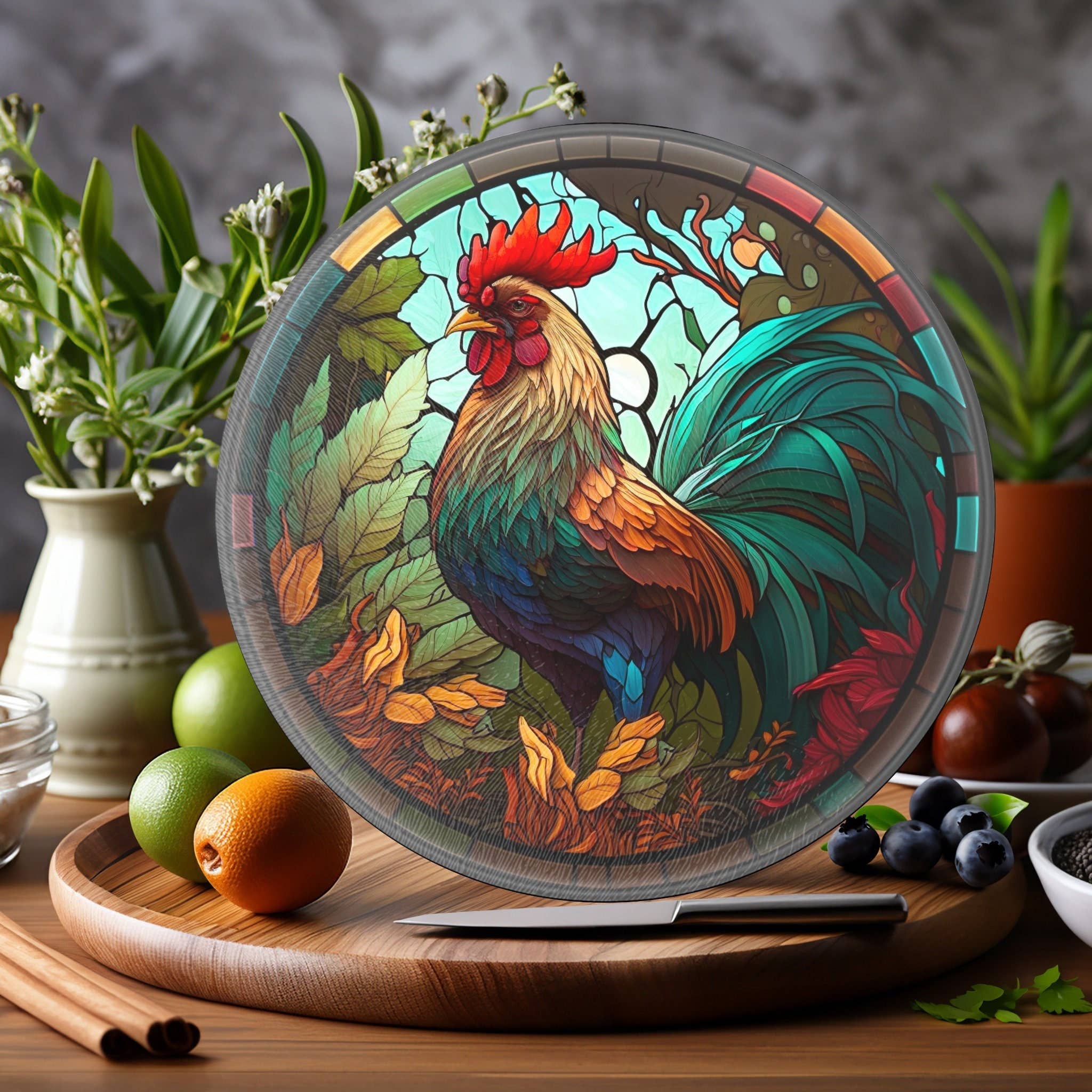Rooster Tempered Glass Cutting & Serving Board Colorful Stained Glass Look、mySite、g9winljtr