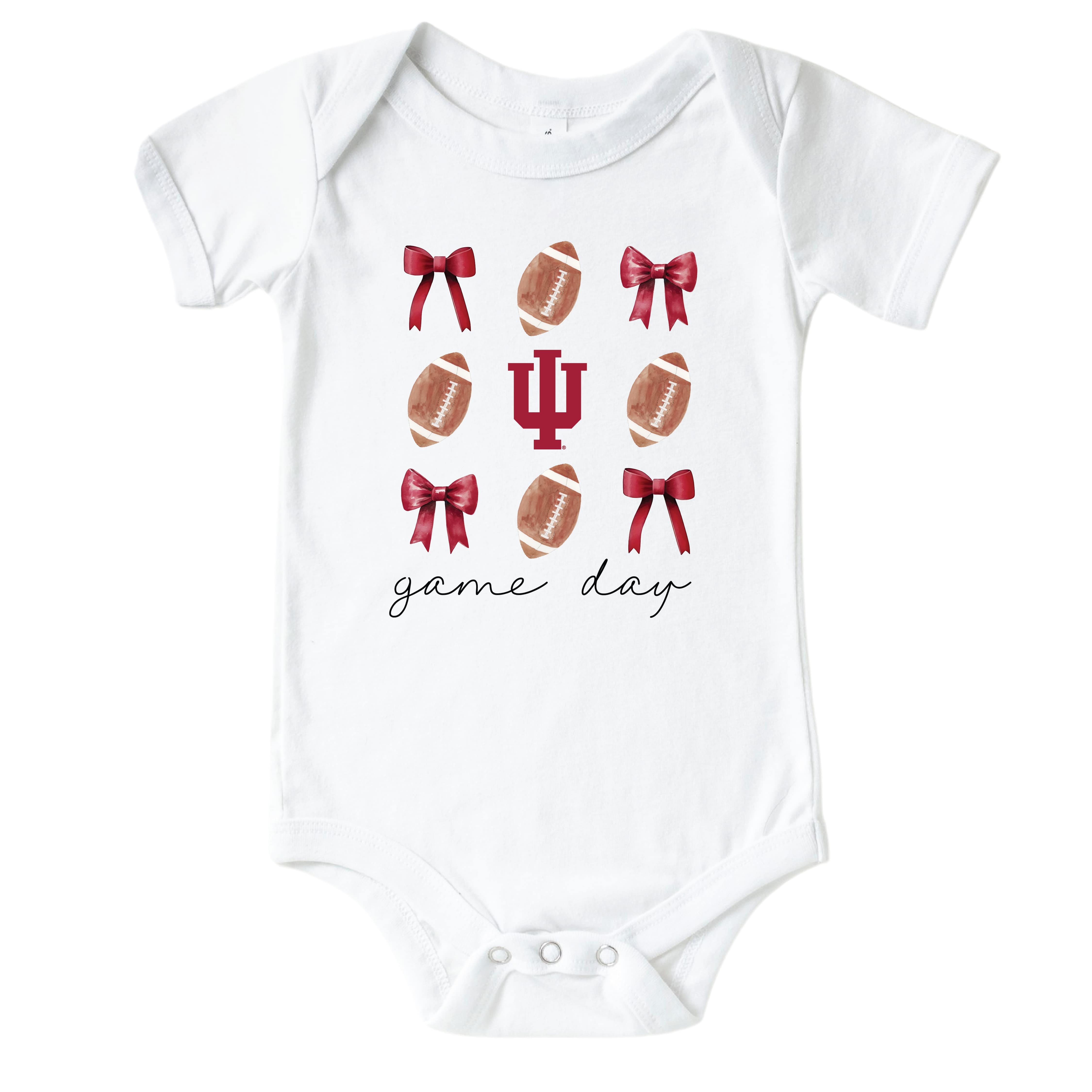  Indiana University | Footballs & Bows Graphic Bodysuit、mySite、layawaytickets