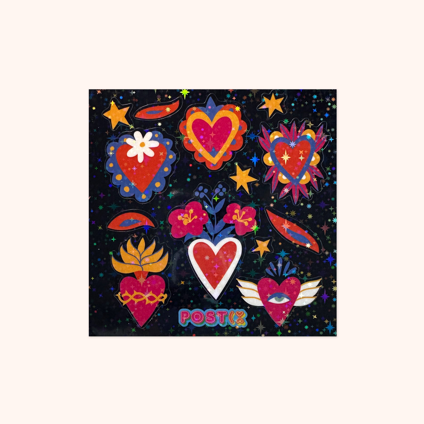  Kitschy Love Hearts Square Hologram Sticker Sheet、mySite、ghnorth