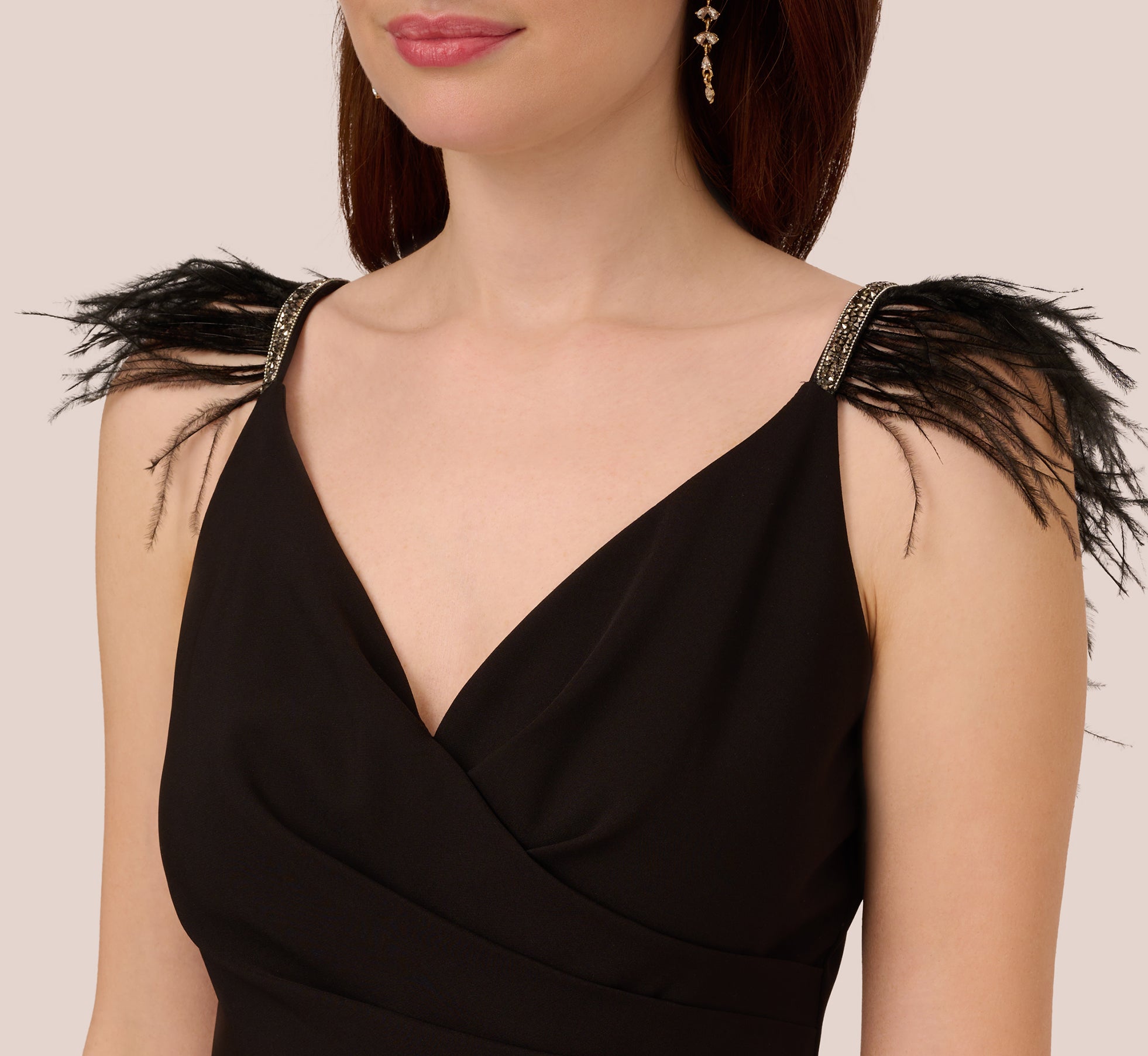 Crepe Wide Leg Jumpsuit With Bead And Feather Accents In Black、mySite、solidvoid