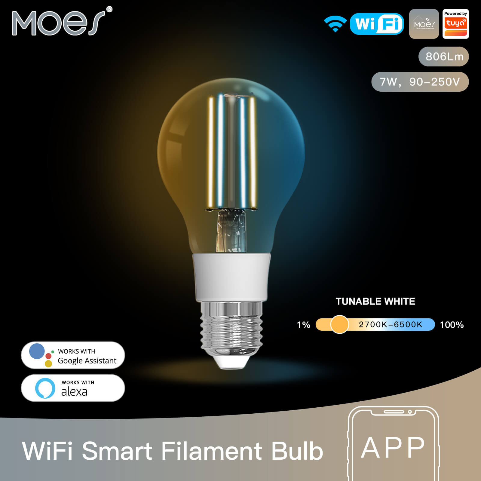 WiFi Smart Filament Bulb LED Light Lamp A60 E27 Dimmable Lighting Soft White 2700K-6500K 7W、mySite、fannypackpong