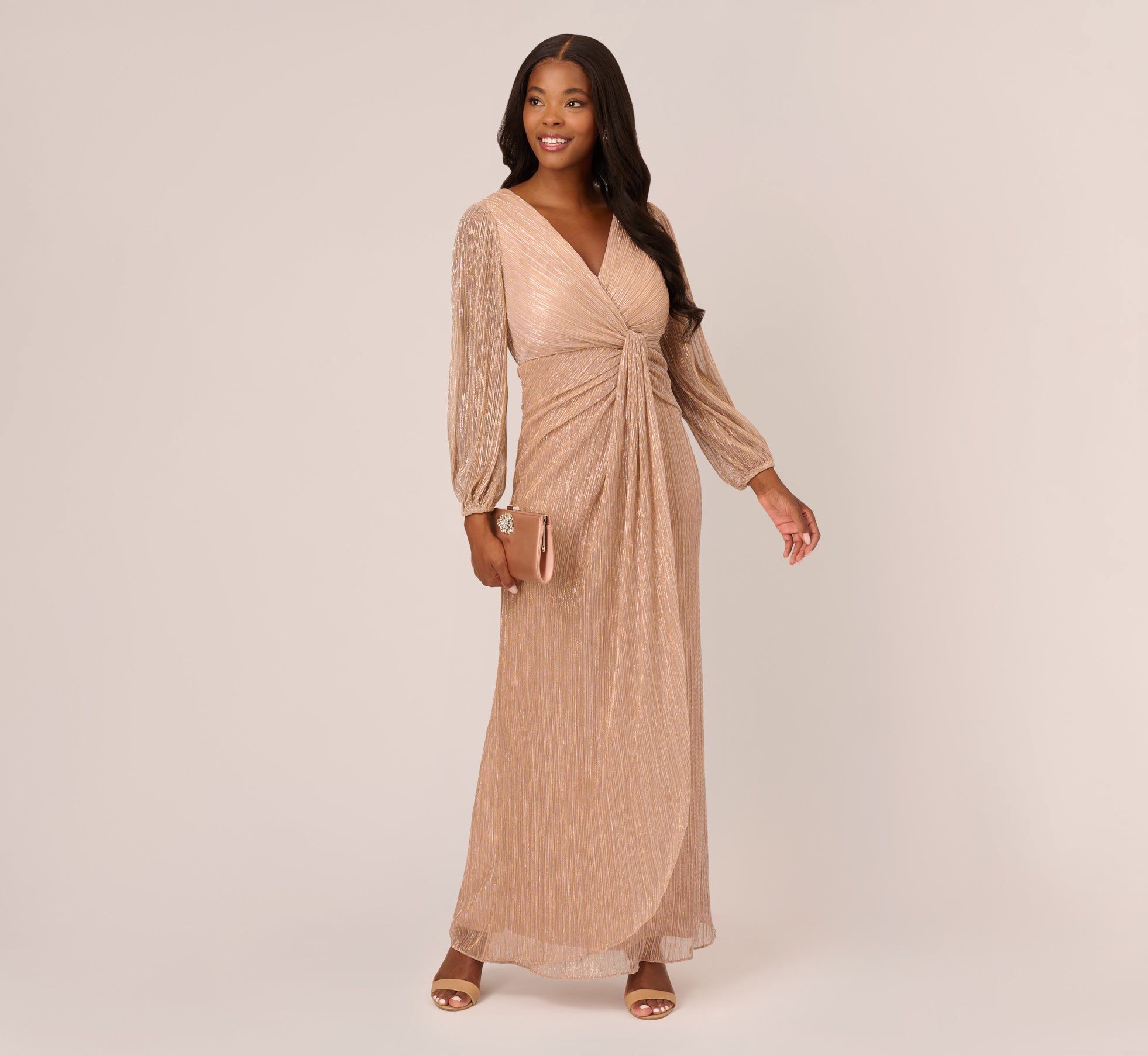 Metallic Crinkled Mesh Draped Long Gown In Light Gold、mySite、solidvoid