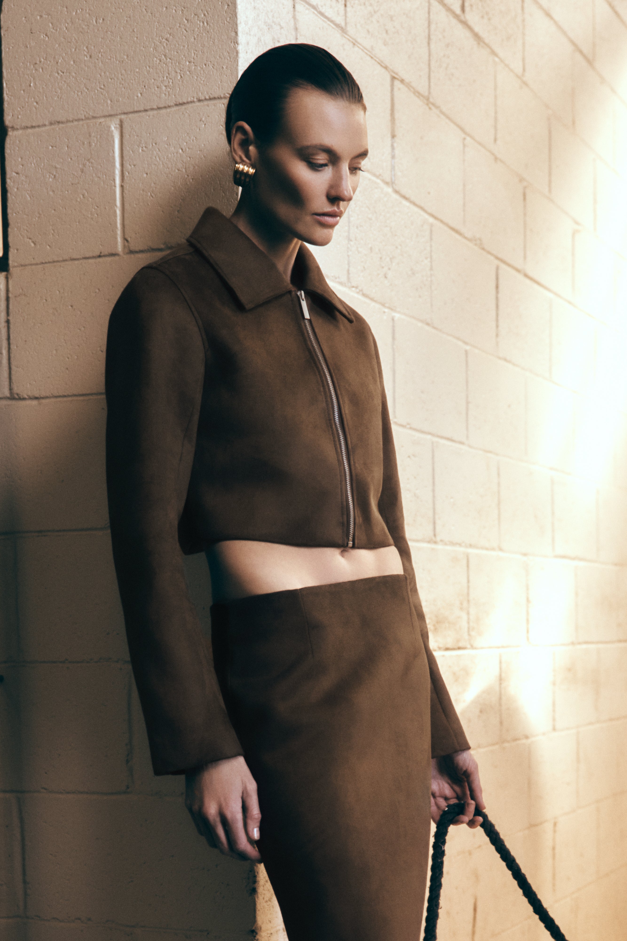 Hayes Faux Suede Collared Jacket - Chocolate、mySite、solidvoid