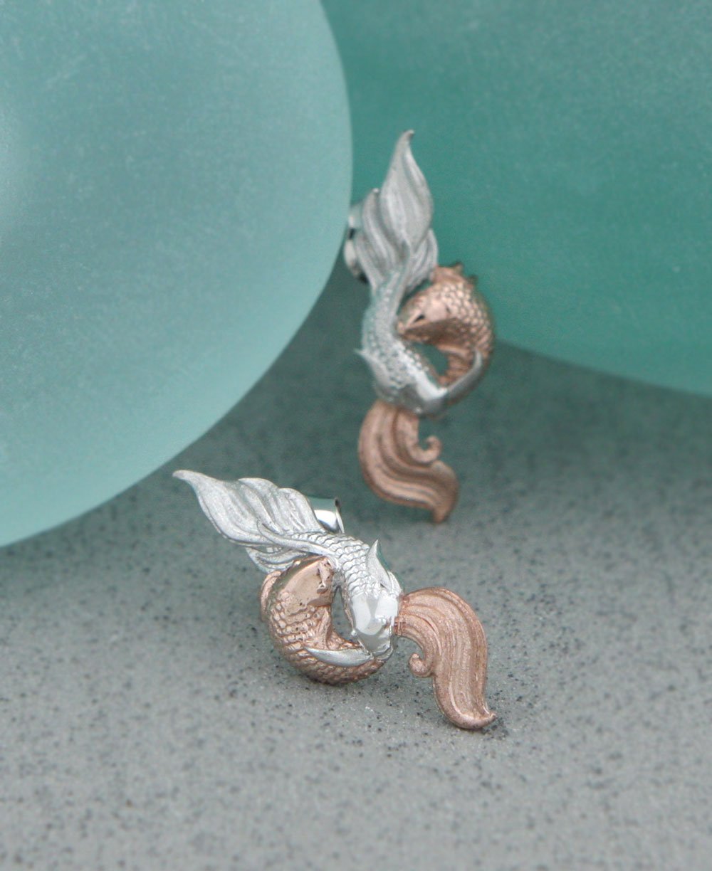 Sterling Silver Auspicious Symbol Fish Earrings with Rose Gold、mySite、topwebapps