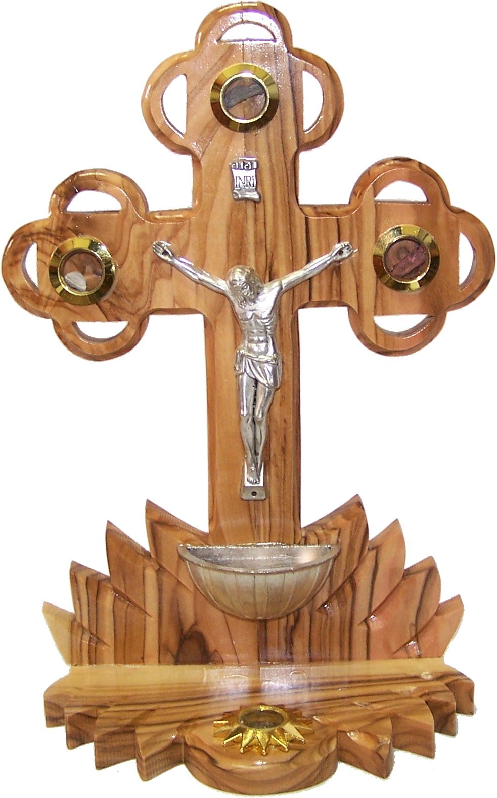 Table Olive Wood Cross/Crucifix with Holy Water Font - with Samples from The Holy Land (22 cm or 9 inches in Height)、mySite、topwebapps