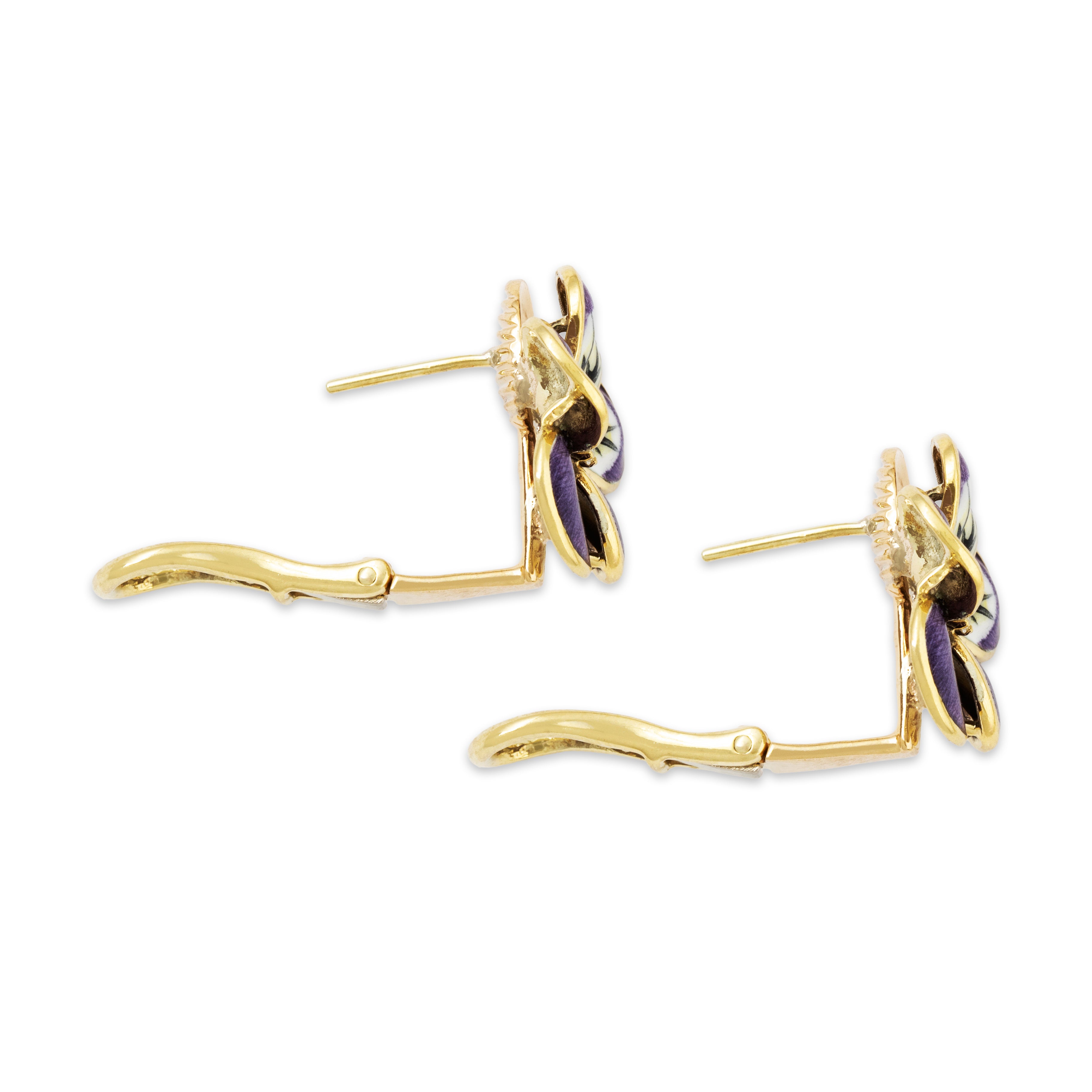 Vintage Jose Hess 14k Yellow Gold Diamond Enamel Purple Pansy Earrings、mySite、hinf8tx79