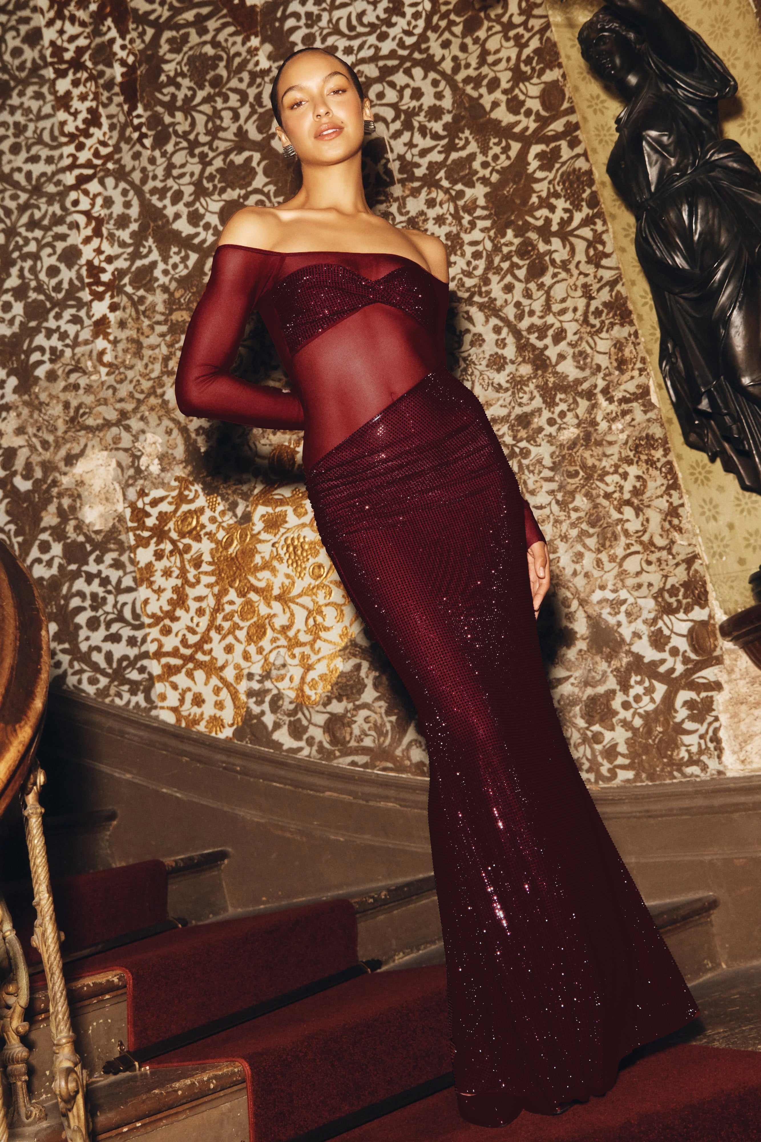 Nash Diamante Off Shoulder Maxi Dress - Mahogany、mySite、solidvoid