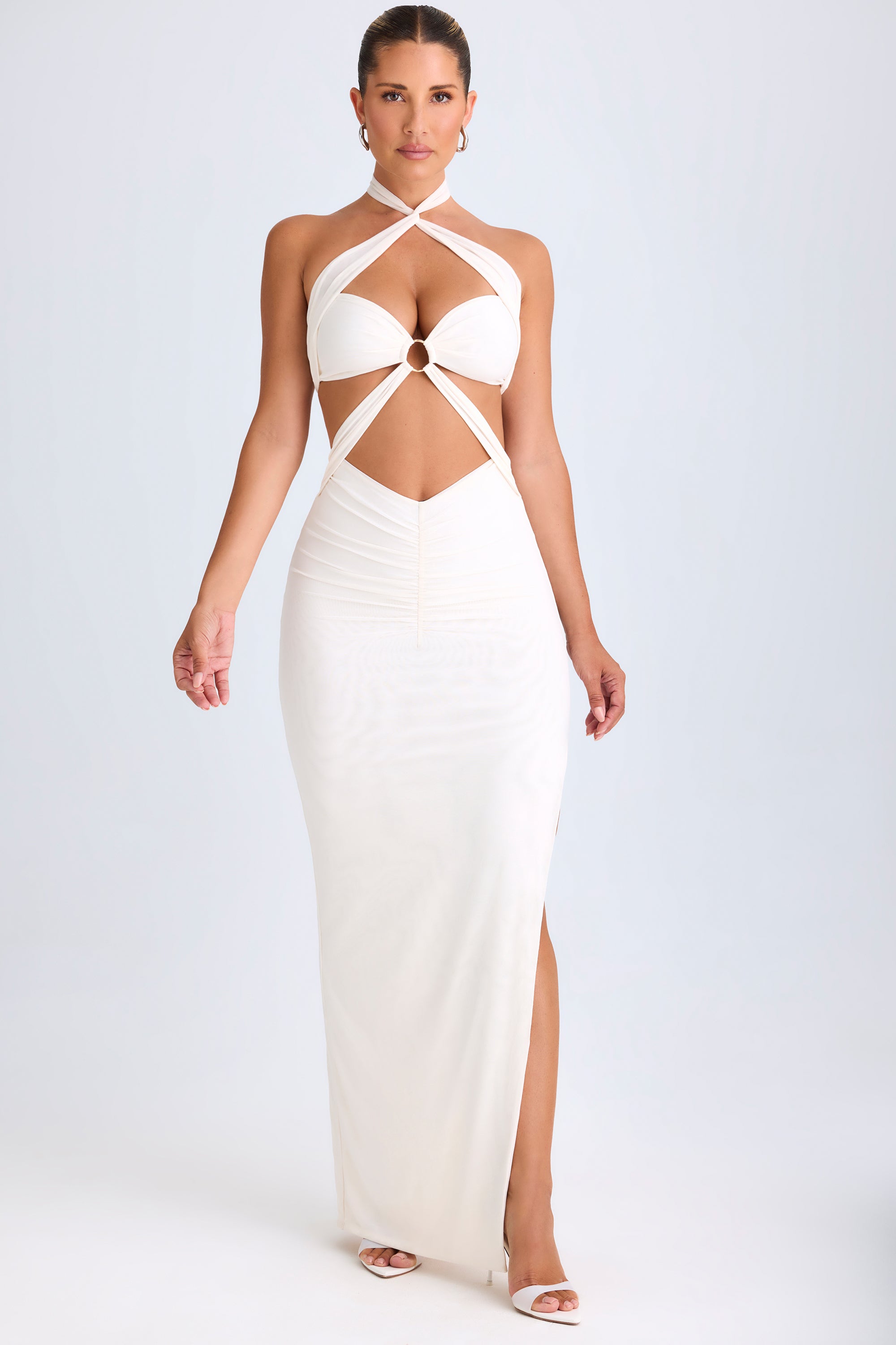 Cut-Out Ruched Halterneck Maxi Dress in White、mySite、solidvoid
